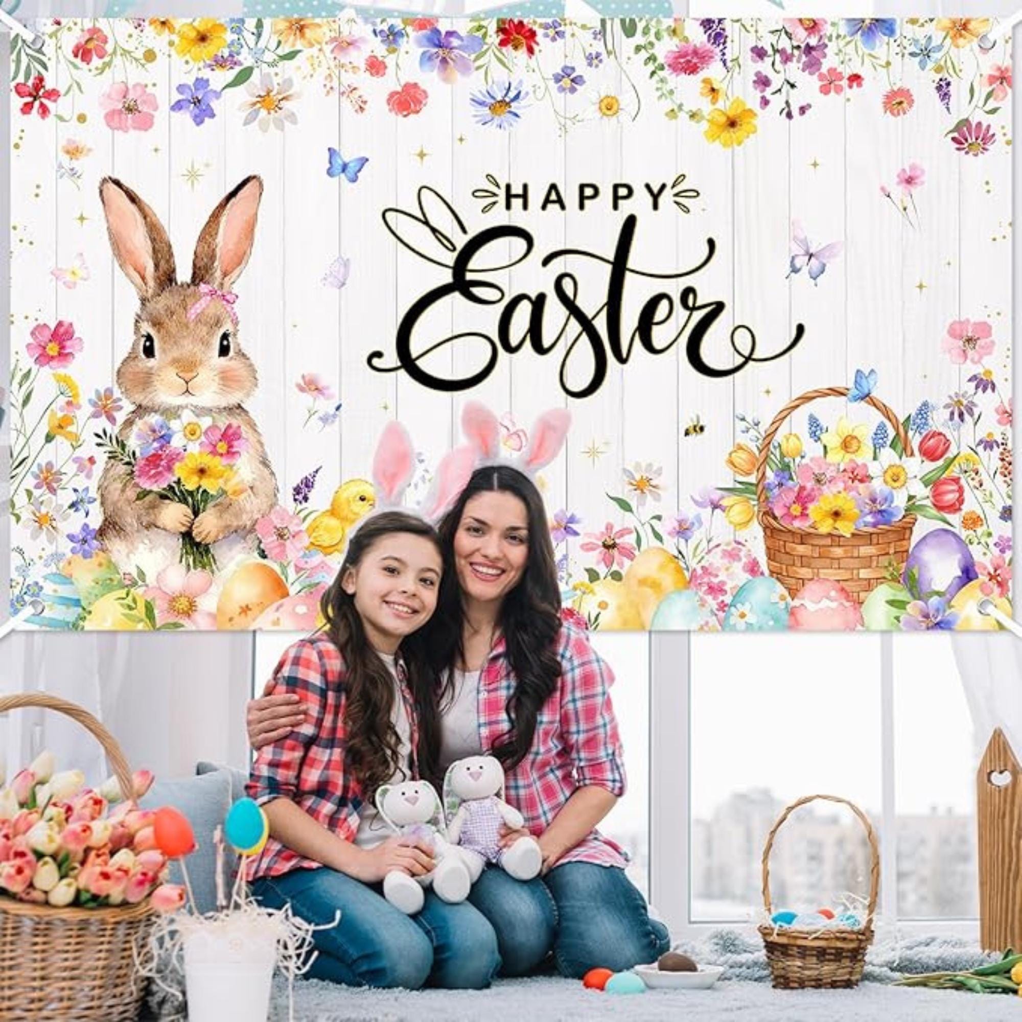 Happy Easter Wildflower Bunny Backdrop Banner – Spring Party Decor