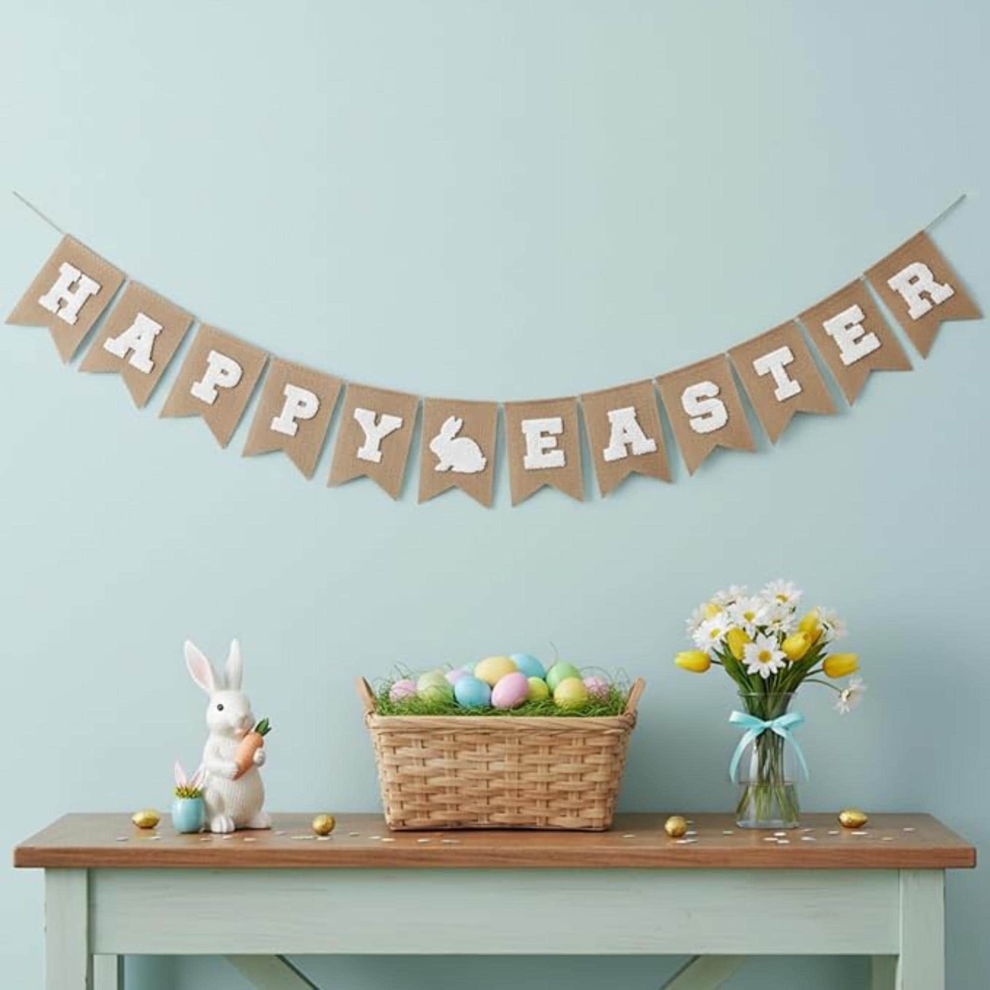 Happy Easter Burlap Banner with Bunny Embroidery – Rustic Farmhouse Garland