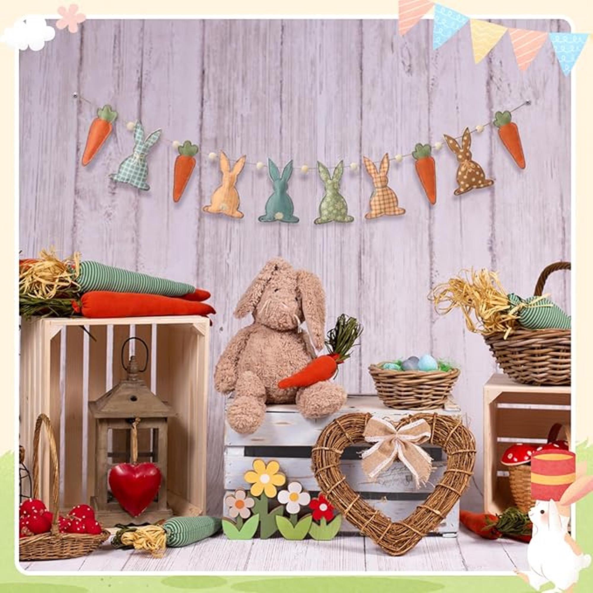 Handmade Felt Bunny Carrot Garland: Rustic Farmhouse Easter Spring Decoration