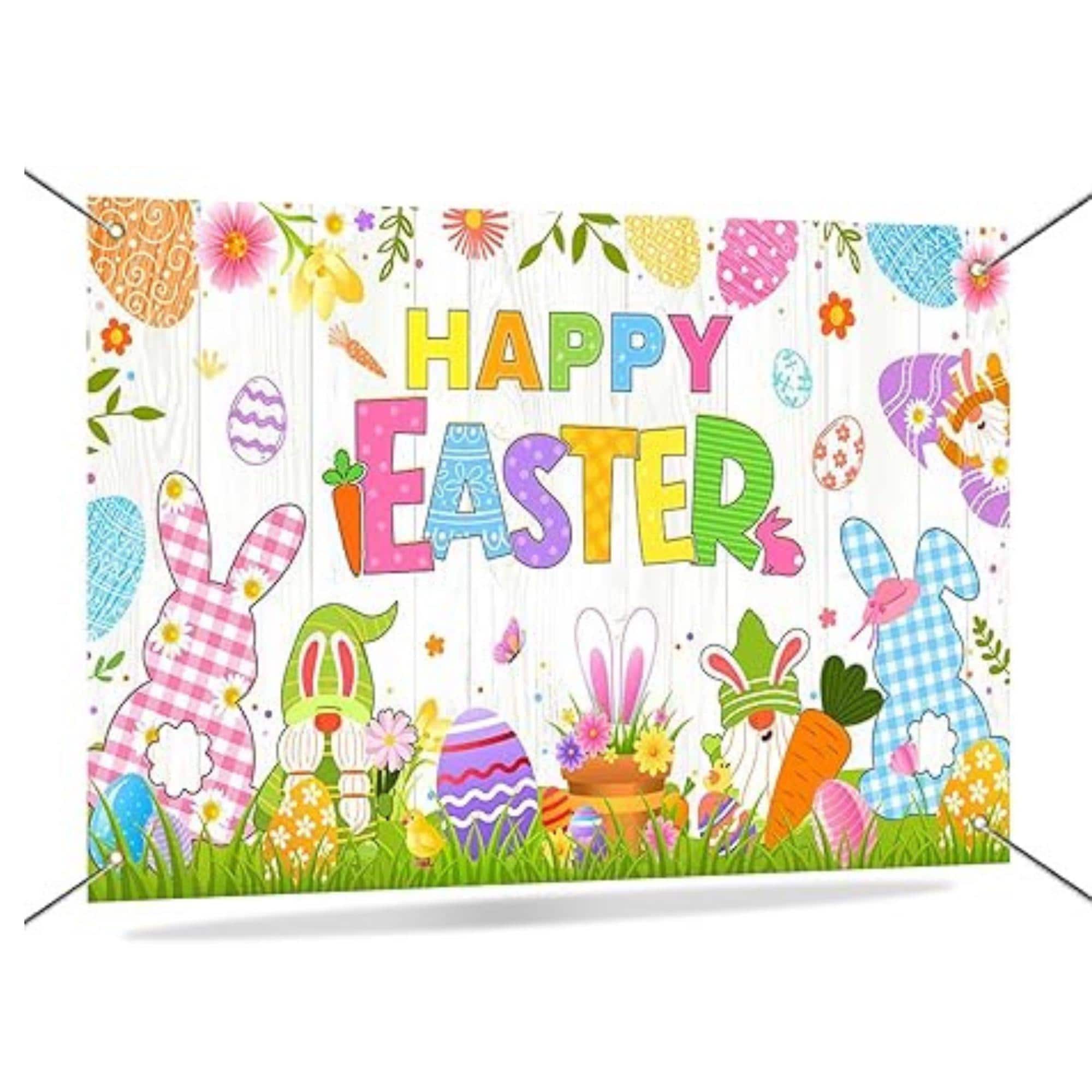 Happy Easter Backdrop Banner: Rustic Bunny Wooden Photo Booth Party Decor