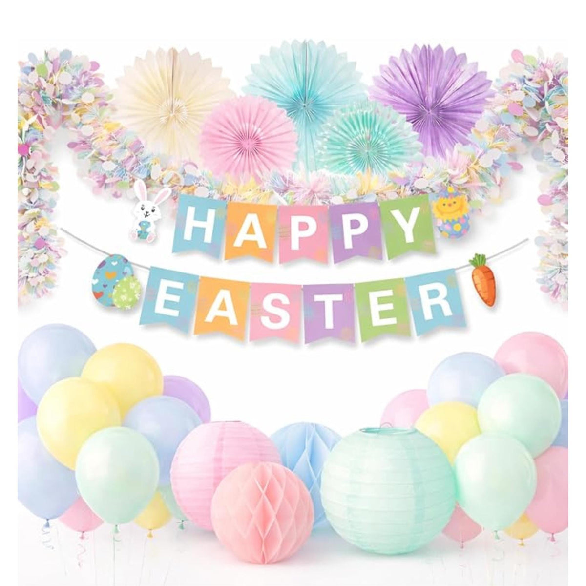 Happy Easter Decorations Set: Banner, Garland, Paper Fans, Lanterns, Balloons – Spring Party Supplies