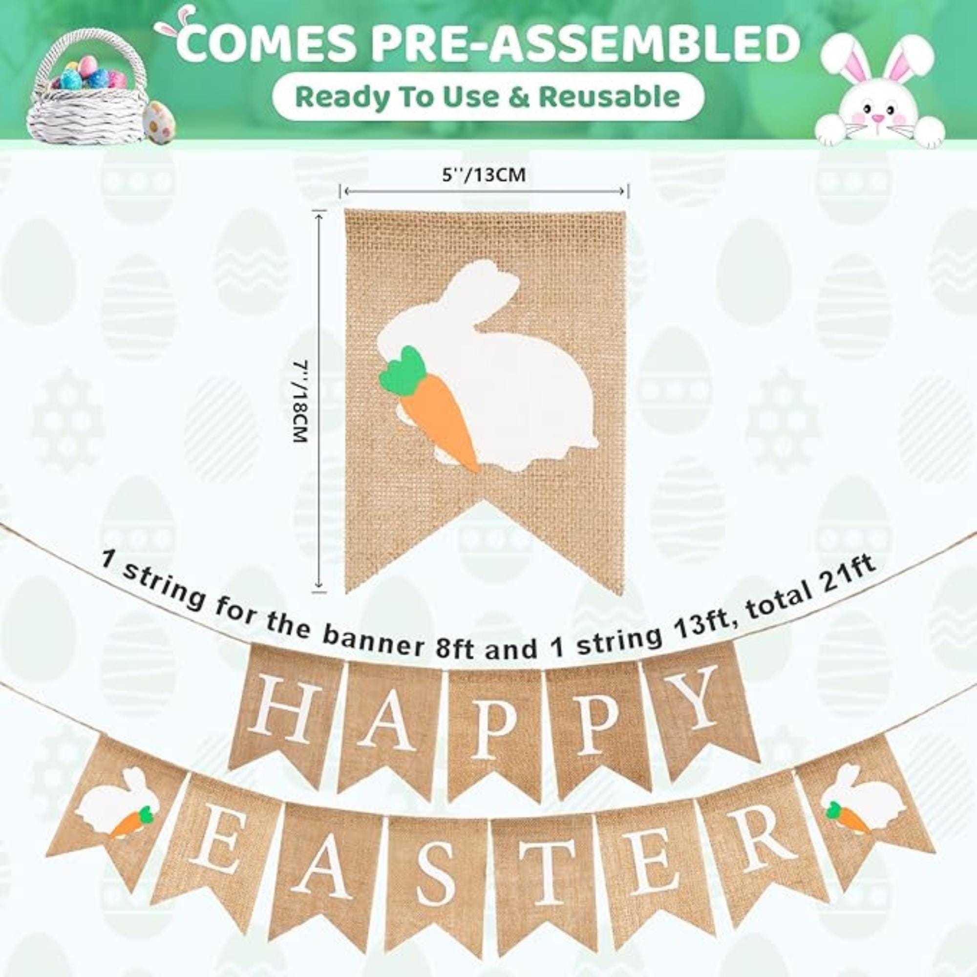 Happy Easter Burlap Banner with Bunnies and Carrots – Rustic Spring Party Decor