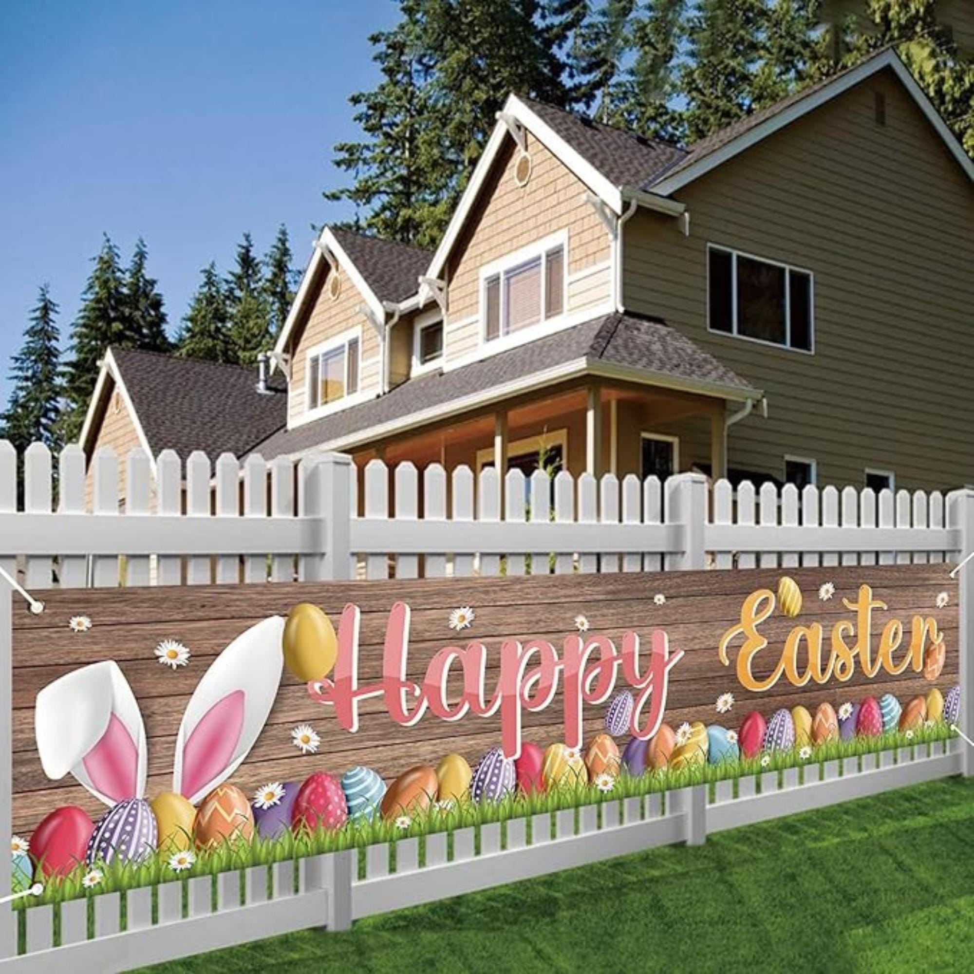 Happy Easter Banner for Fence Bunny Egg Spring Home Classroom Office Party Decor Supplies