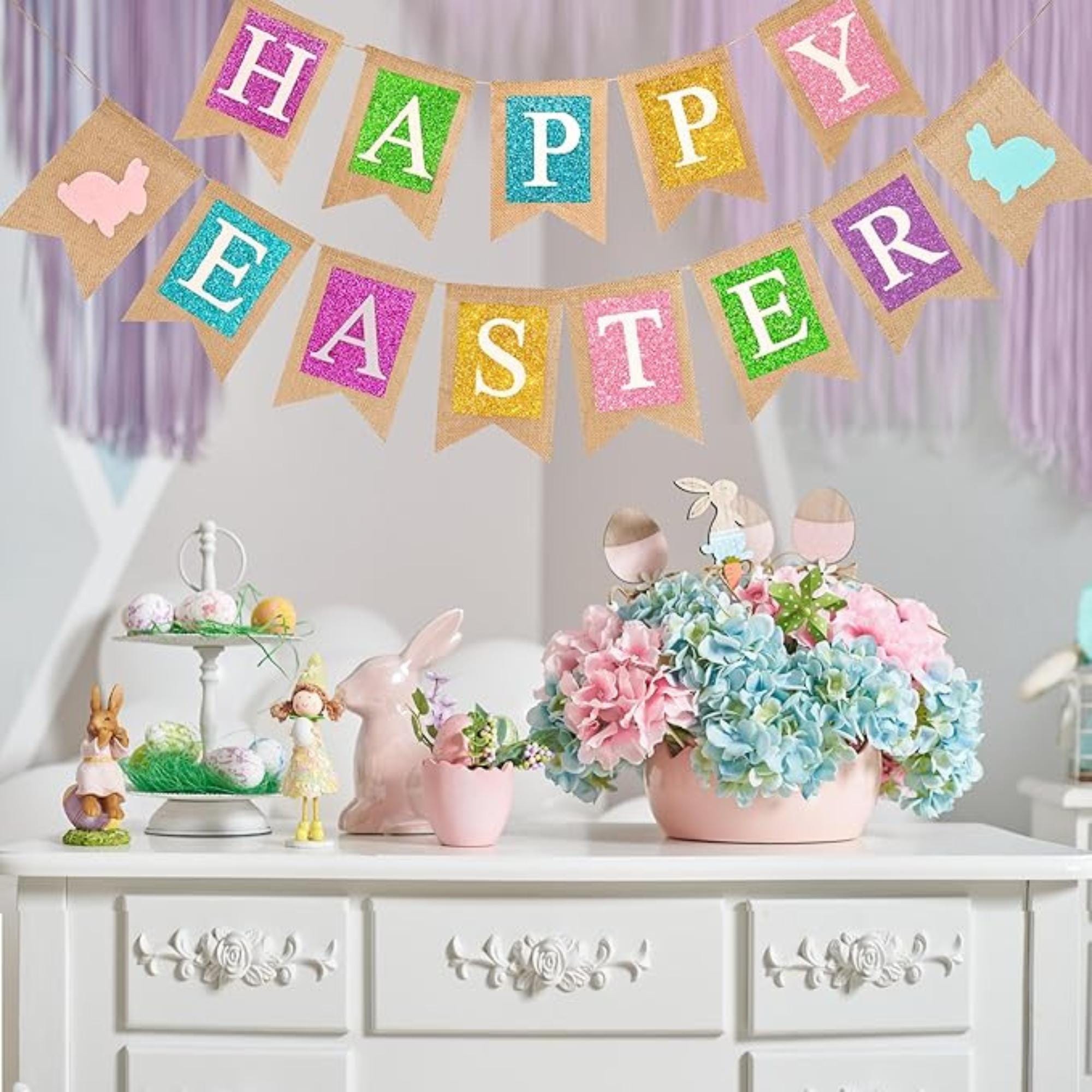 Burlap Easter Banner with Bunnies – Pre-Strung Garland for Spring Party Decorations