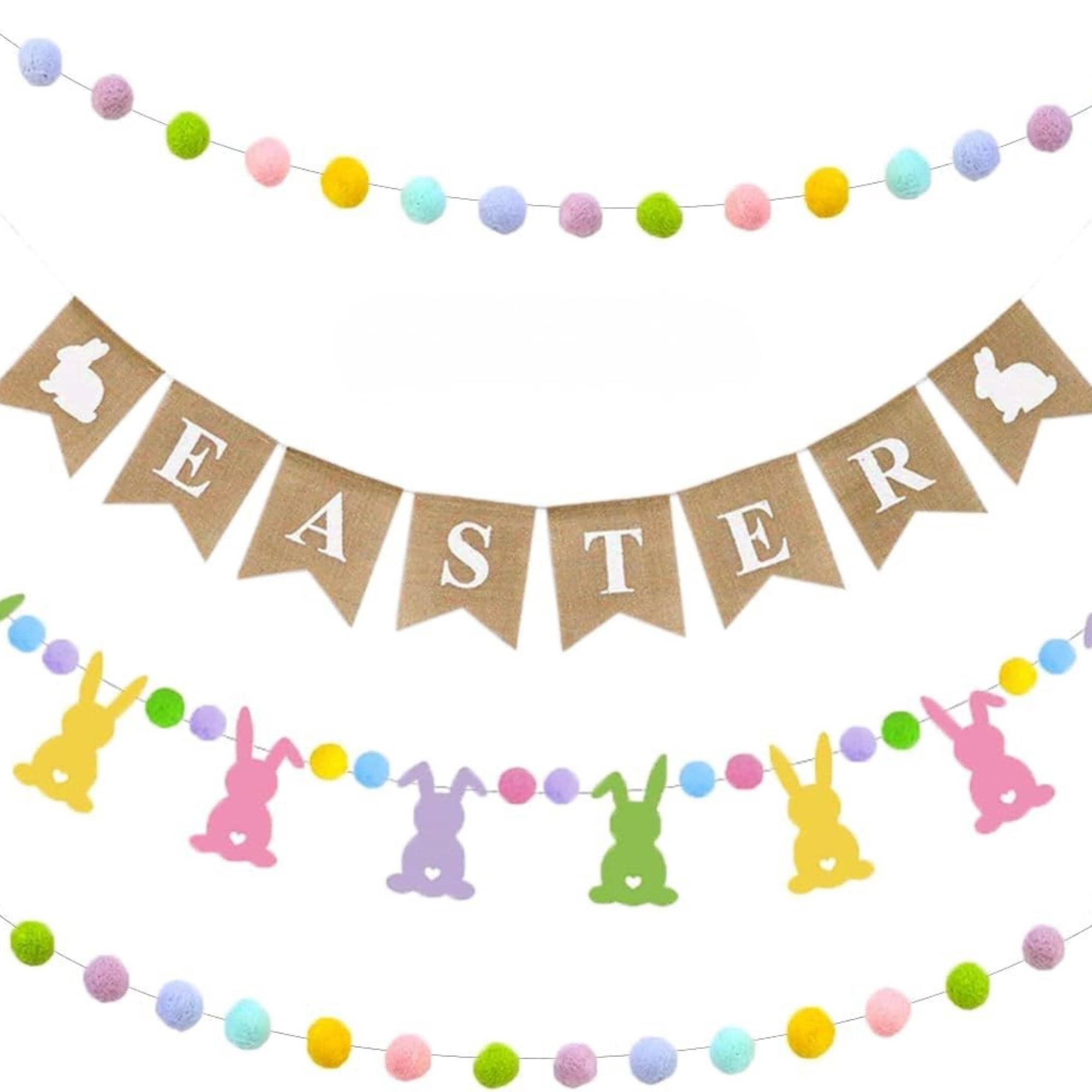 Easter Burlap Banner with Felt Bunny Pom Pom Garland Decorations