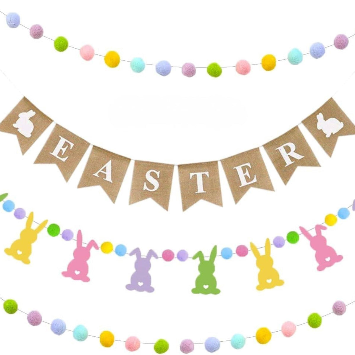Easter Burlap Banner with Felt Bunny Pom Pom Garland Decorations