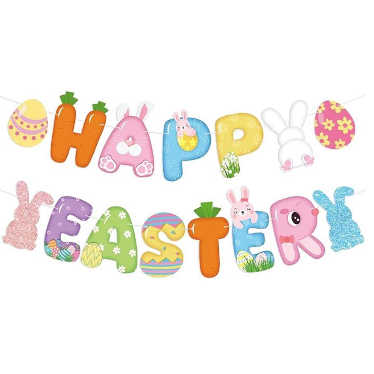 Happy Easter Banner Sign Bunny Egg Garland Spring Party Decor Supplies