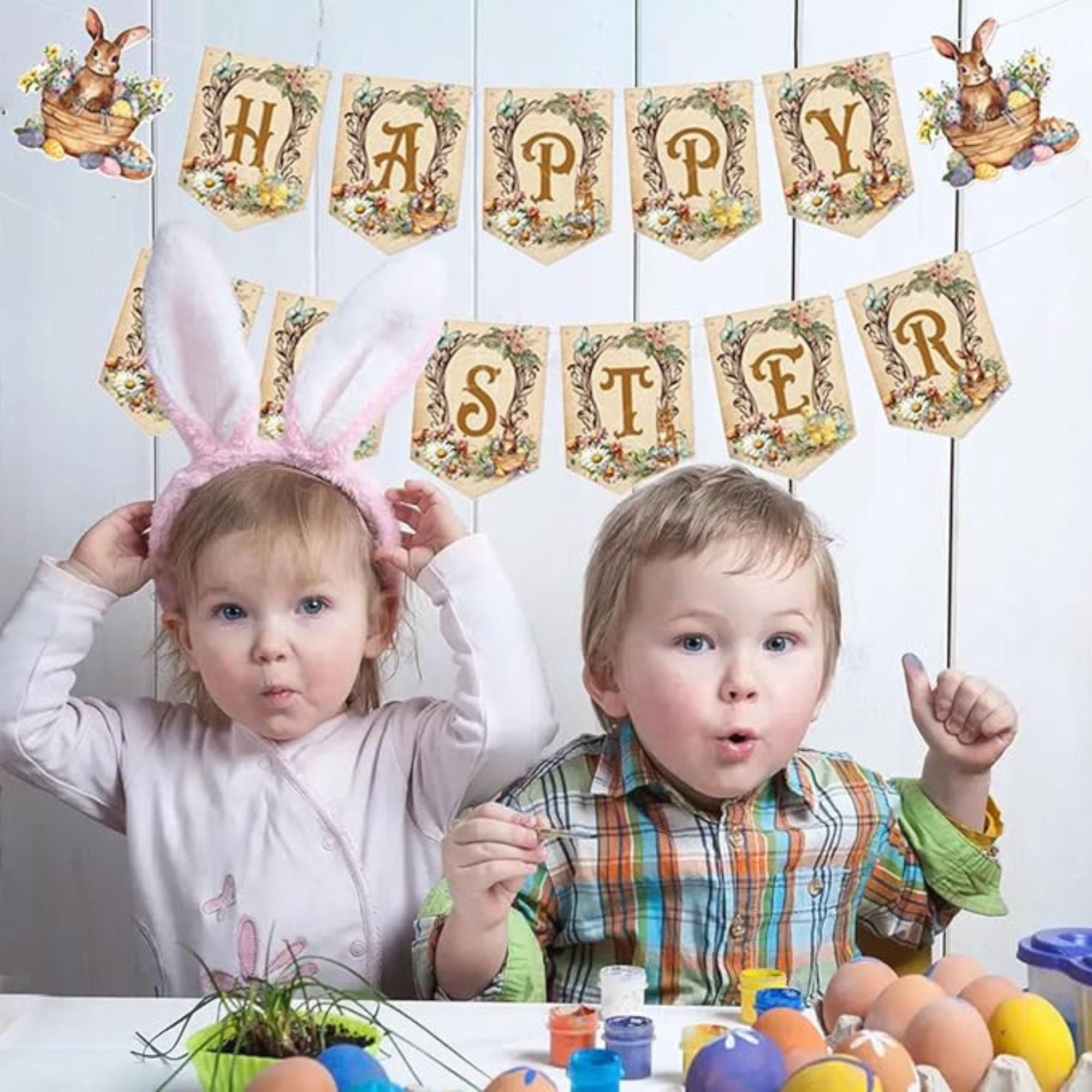 Happy Easter Bunny Banner Indoor Outdoor Mantel Spring Party Decor Supplies