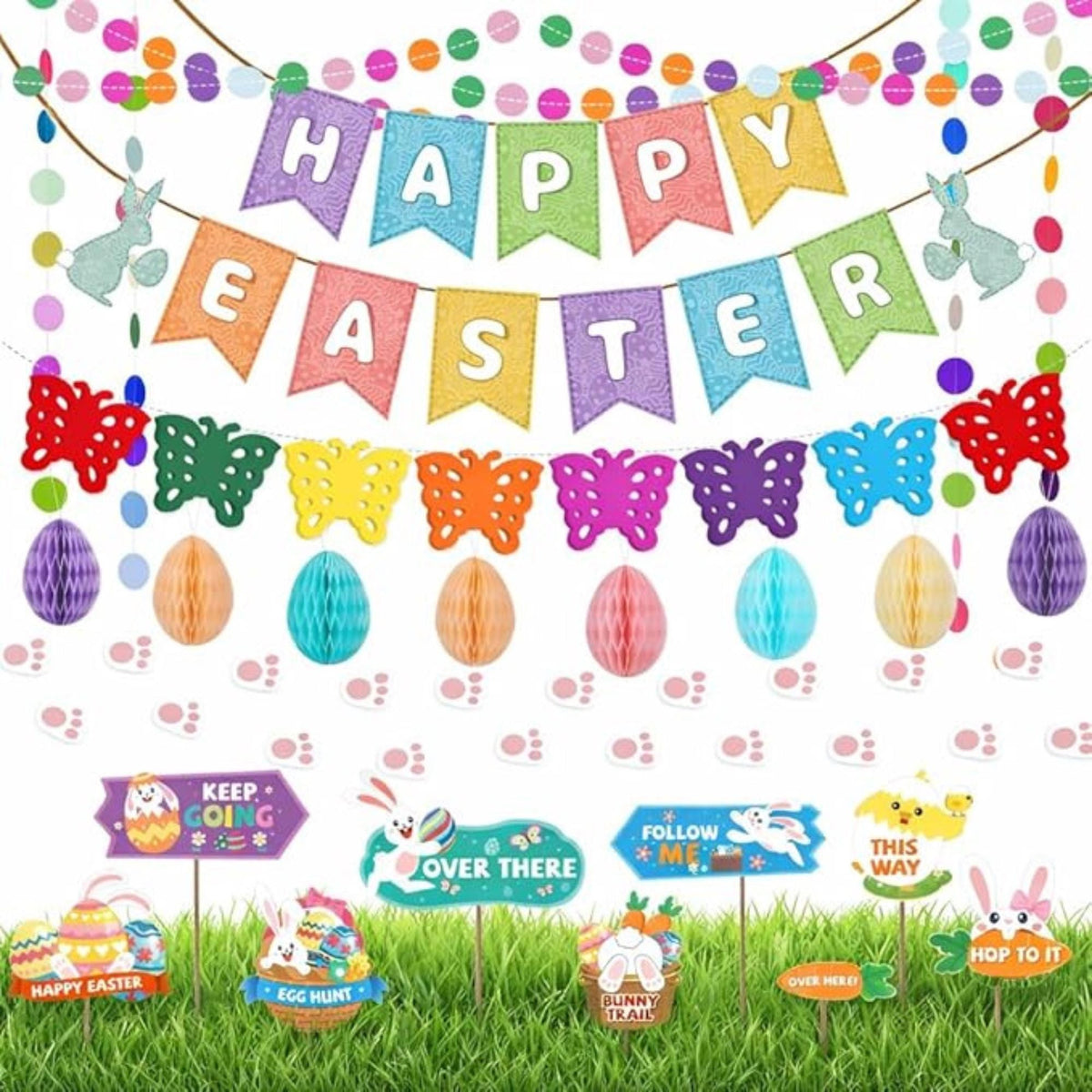 Easter Decorations Set: Happy Easter Banner, Bunny Garland, Egg Hunt Signs, Party Decor