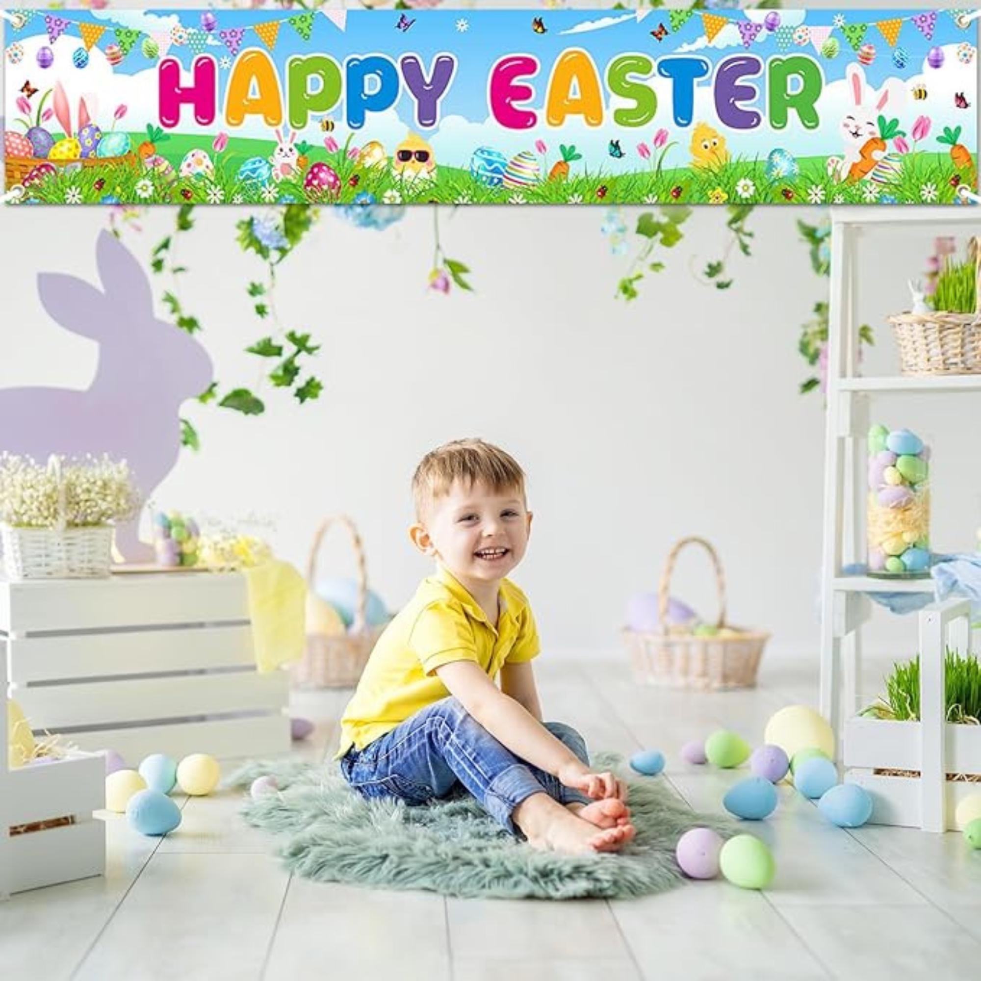 Happy Easter Large Bunny Eggs Fence Backdrop Banner Outdoor Classroom Party Decor Supplies