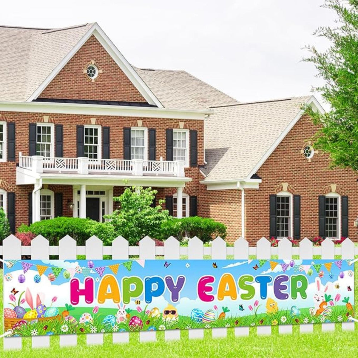 Happy Easter Large Bunny Eggs Fence Backdrop Banner Outdoor Classroom Party Decor Supplies