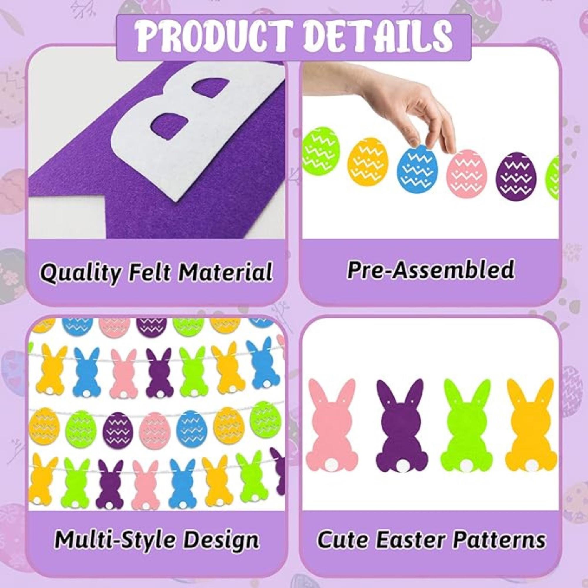 Pre-strung Easter Banner: Happy Easter, Bunny, Egg Garland – Pastel Felt Decor