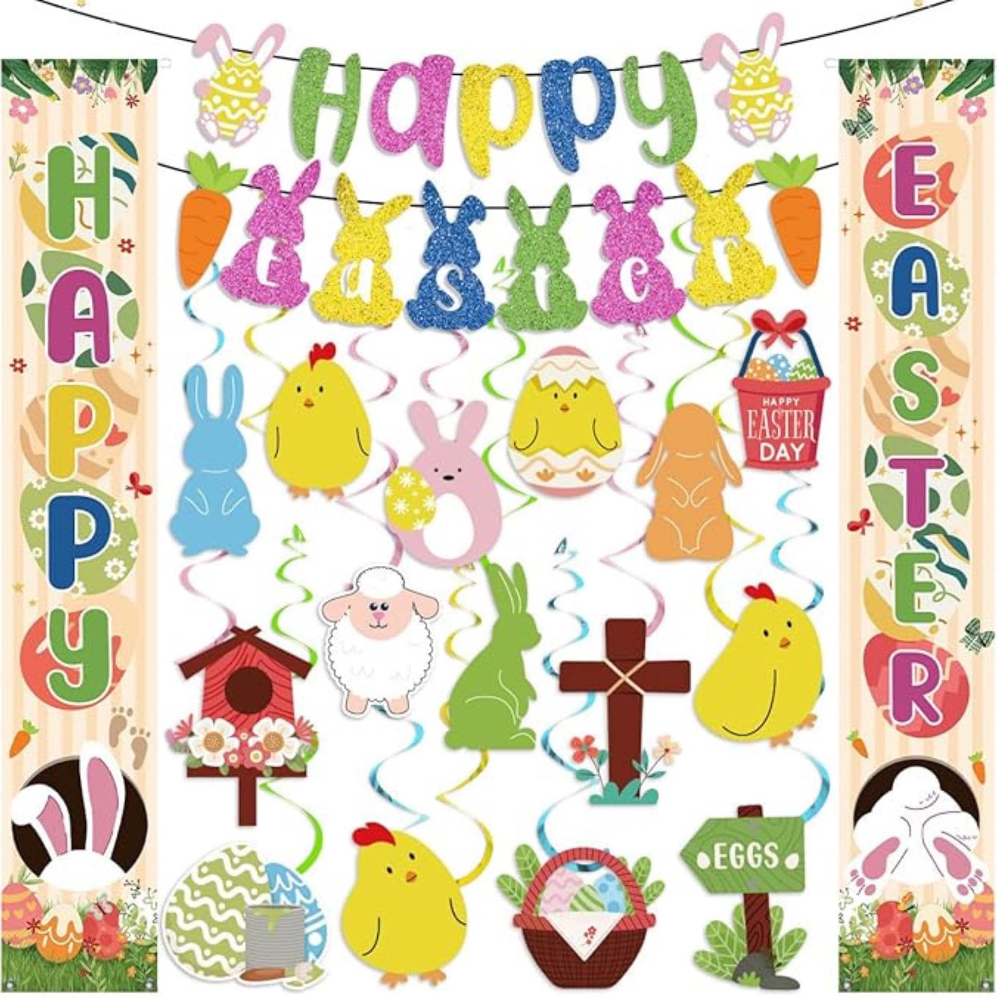 Happy Easter Banner and Swirls Set: Bunny, Egg Decorations for Spring Party