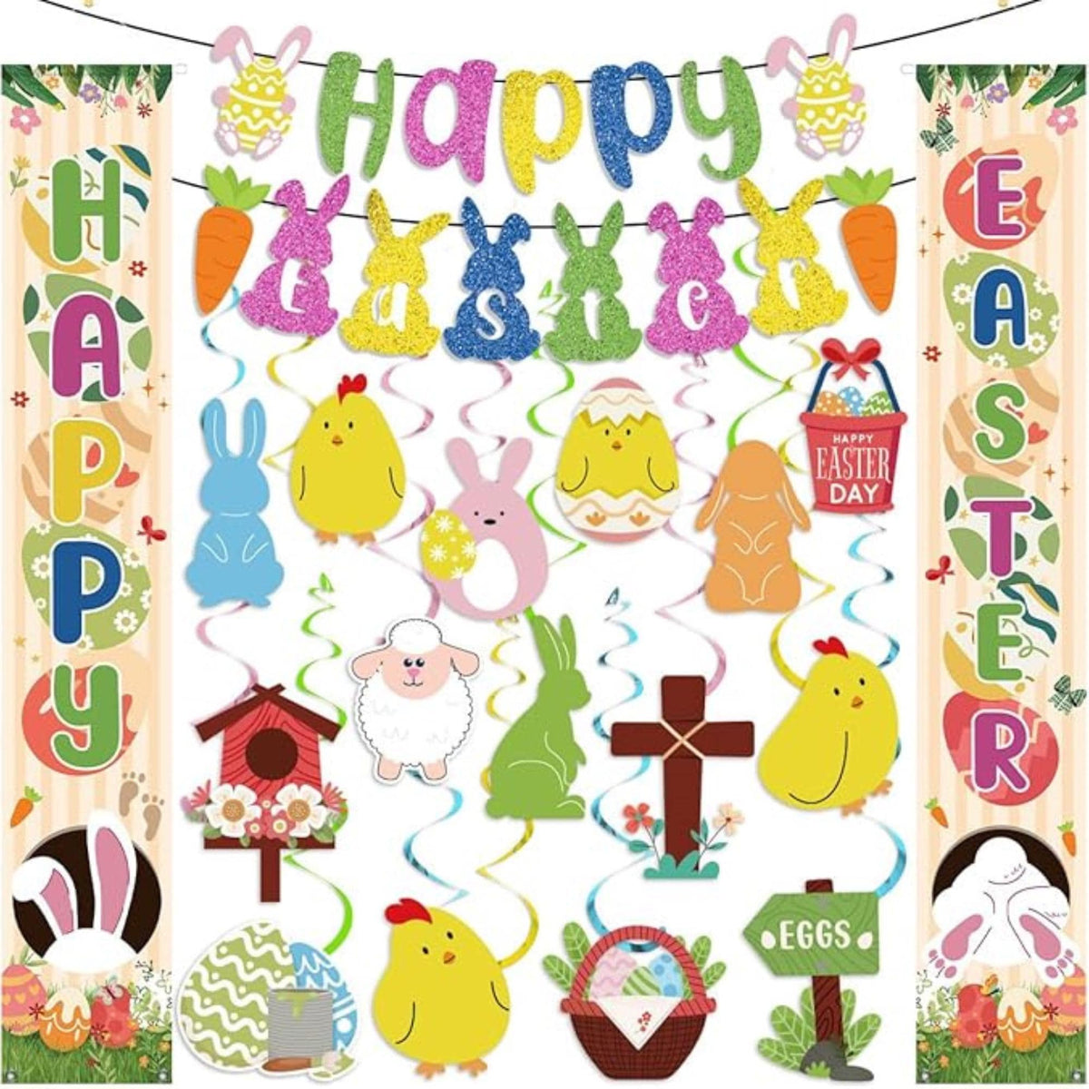 Happy Easter Banner and Swirls Set: Bunny, Egg Decorations for Spring Party