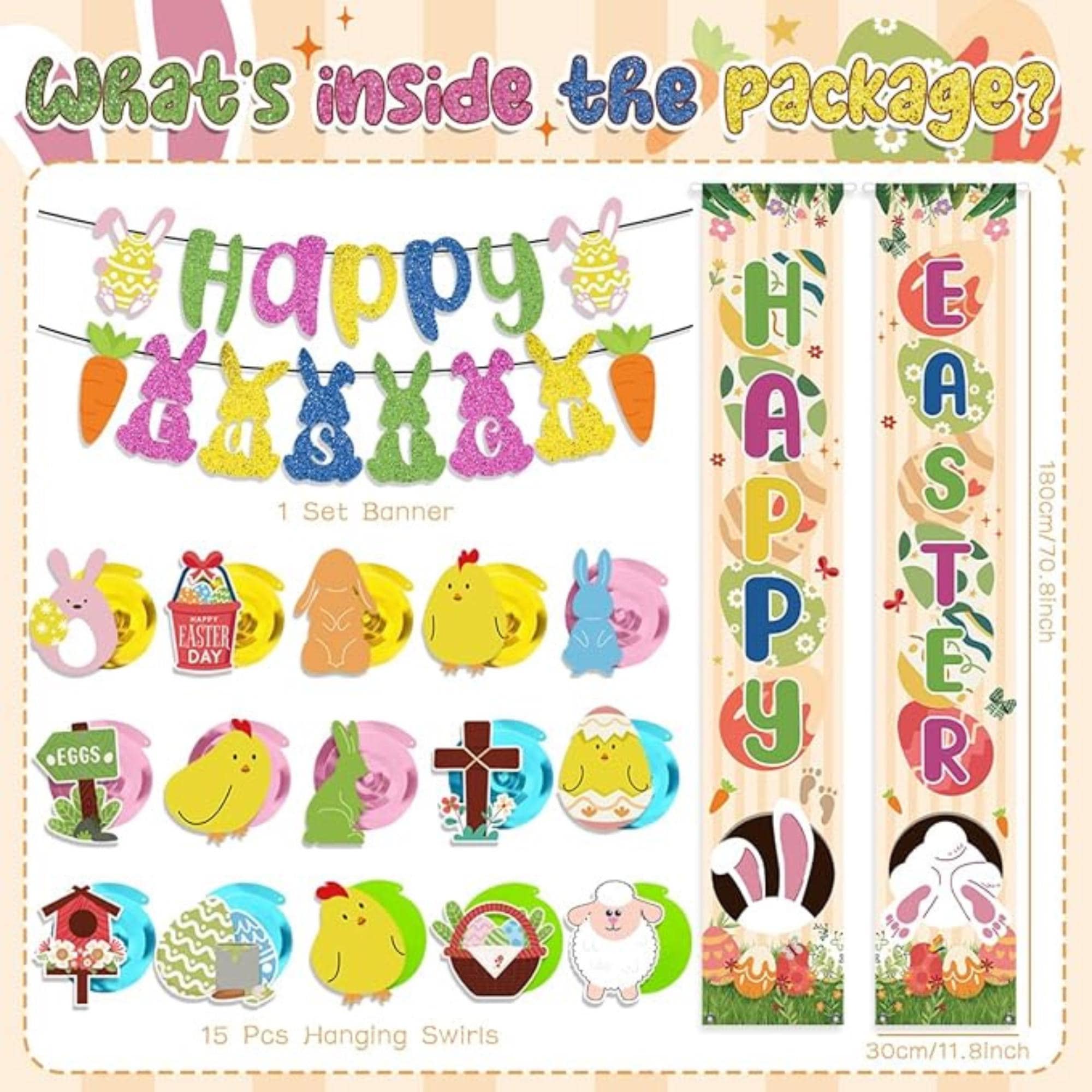 Happy Easter Banner and Swirls Set: Bunny, Egg Decorations for Spring Party