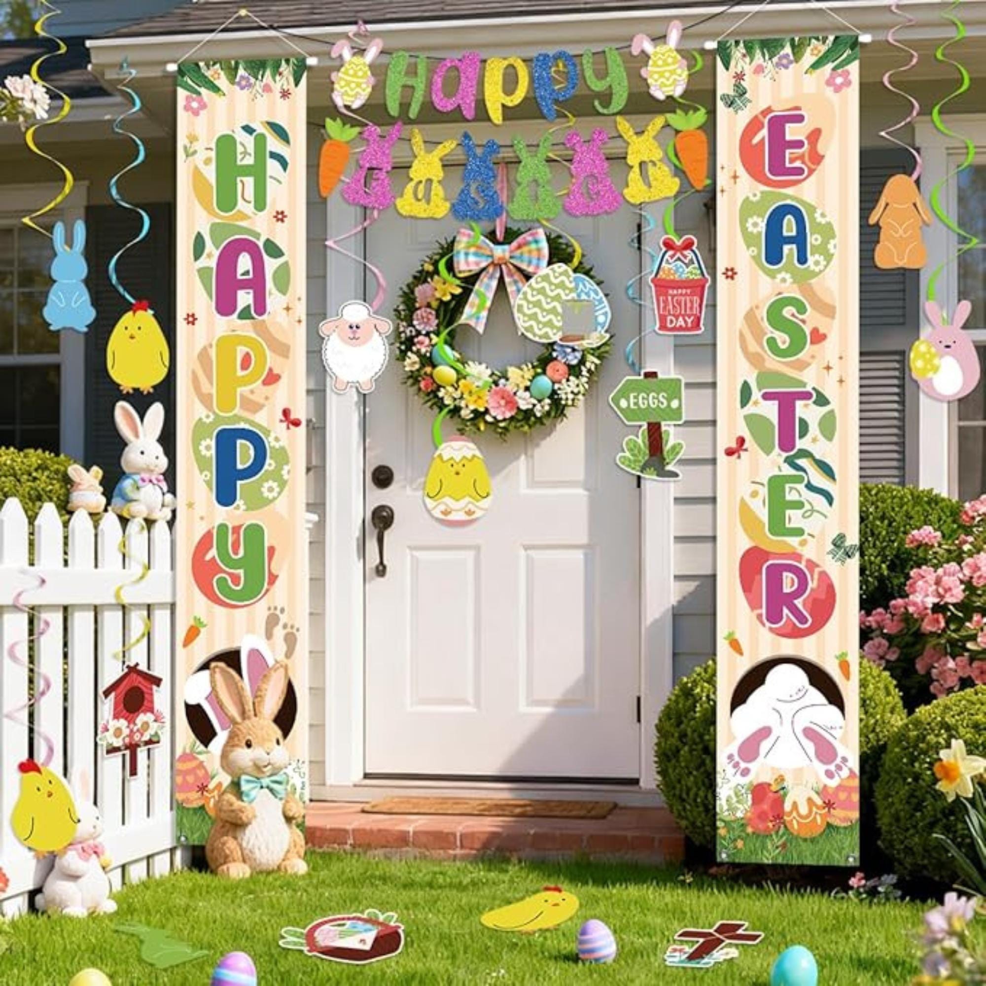 Happy Easter Banner and Swirls Set: Bunny, Egg Decorations for Spring Party