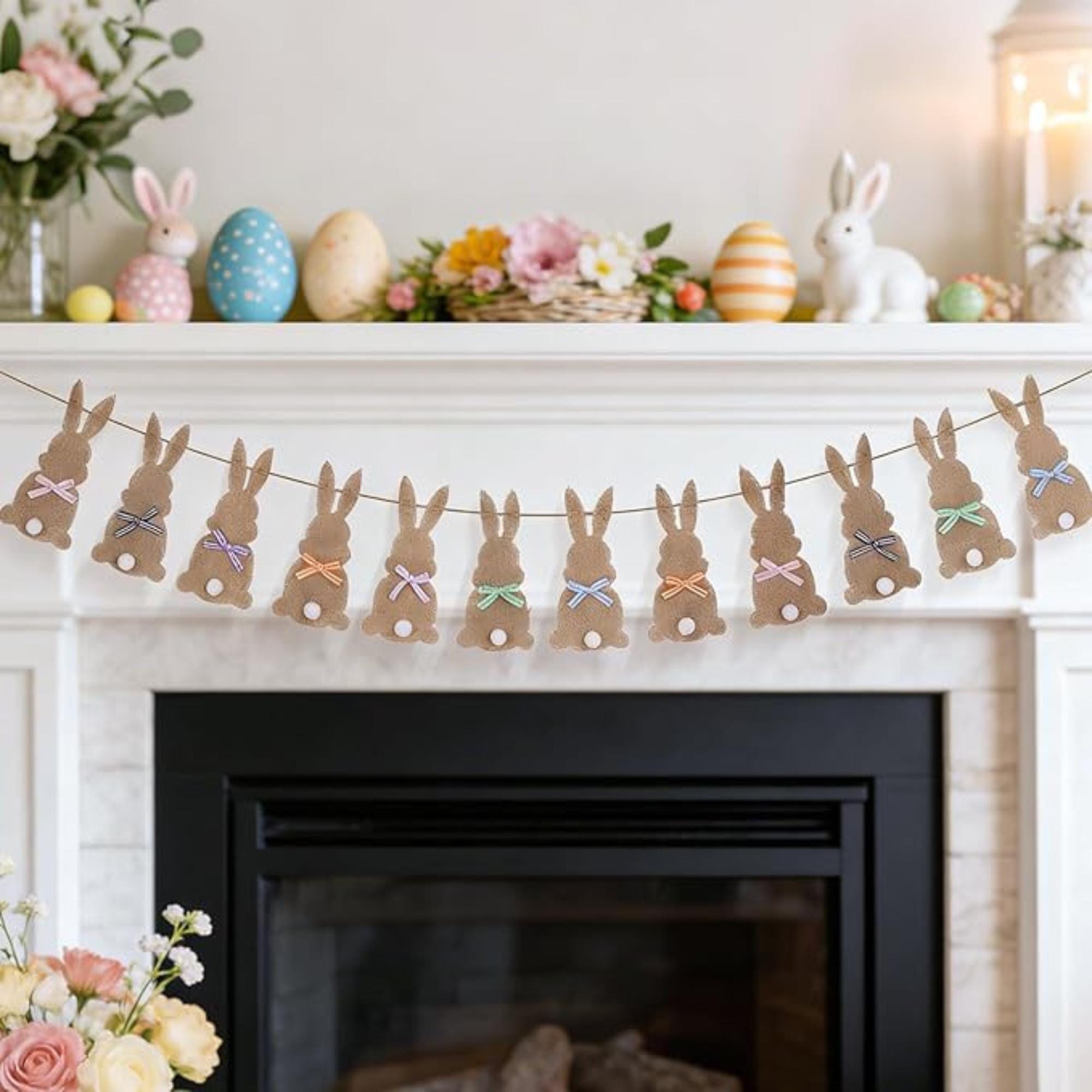 Burlap Easter Bunny Garland with Plaid Bows – Pre-Assembled Party Decor