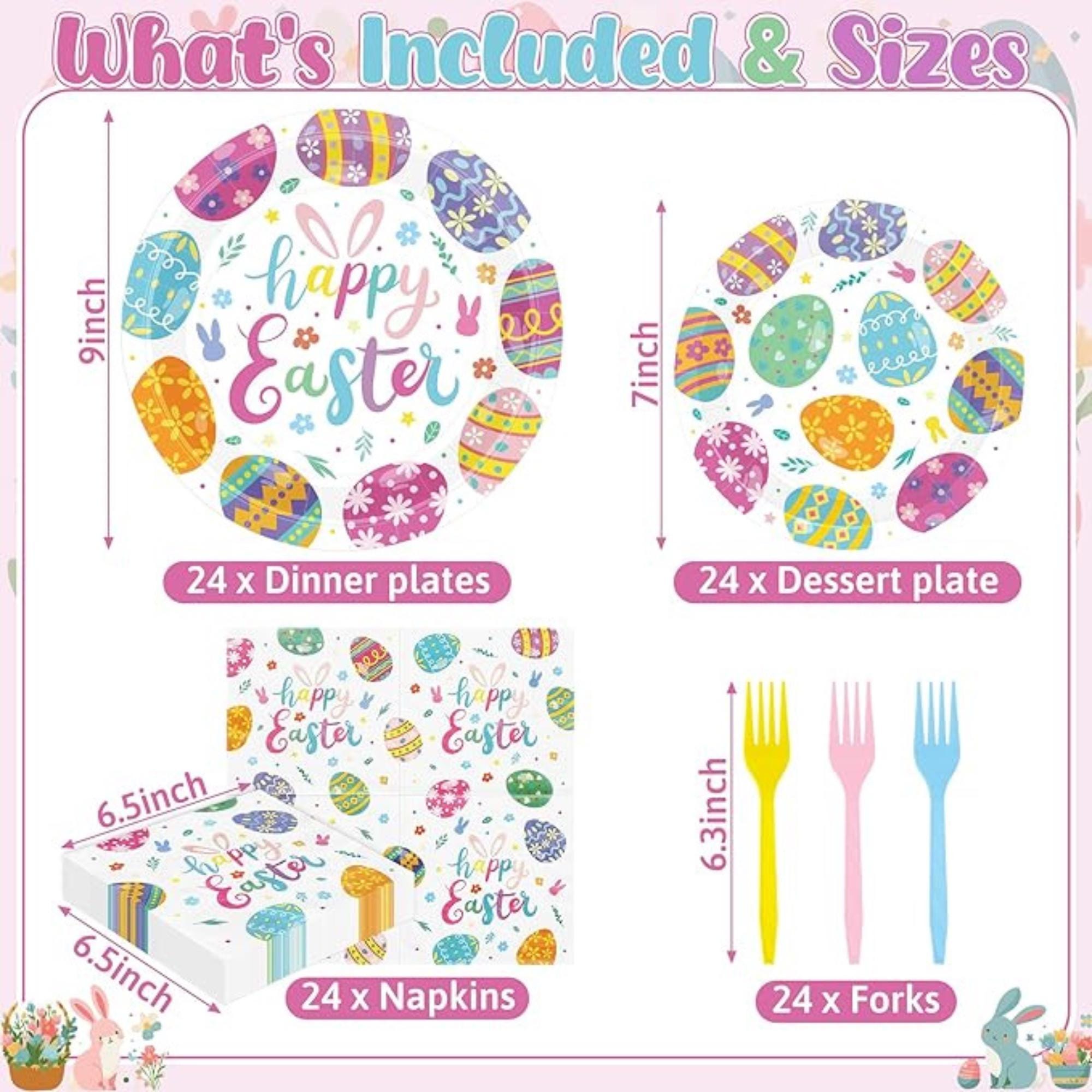Easter Egg Plates and Napkins Set for 24 Guests, Disposable Party Tableware