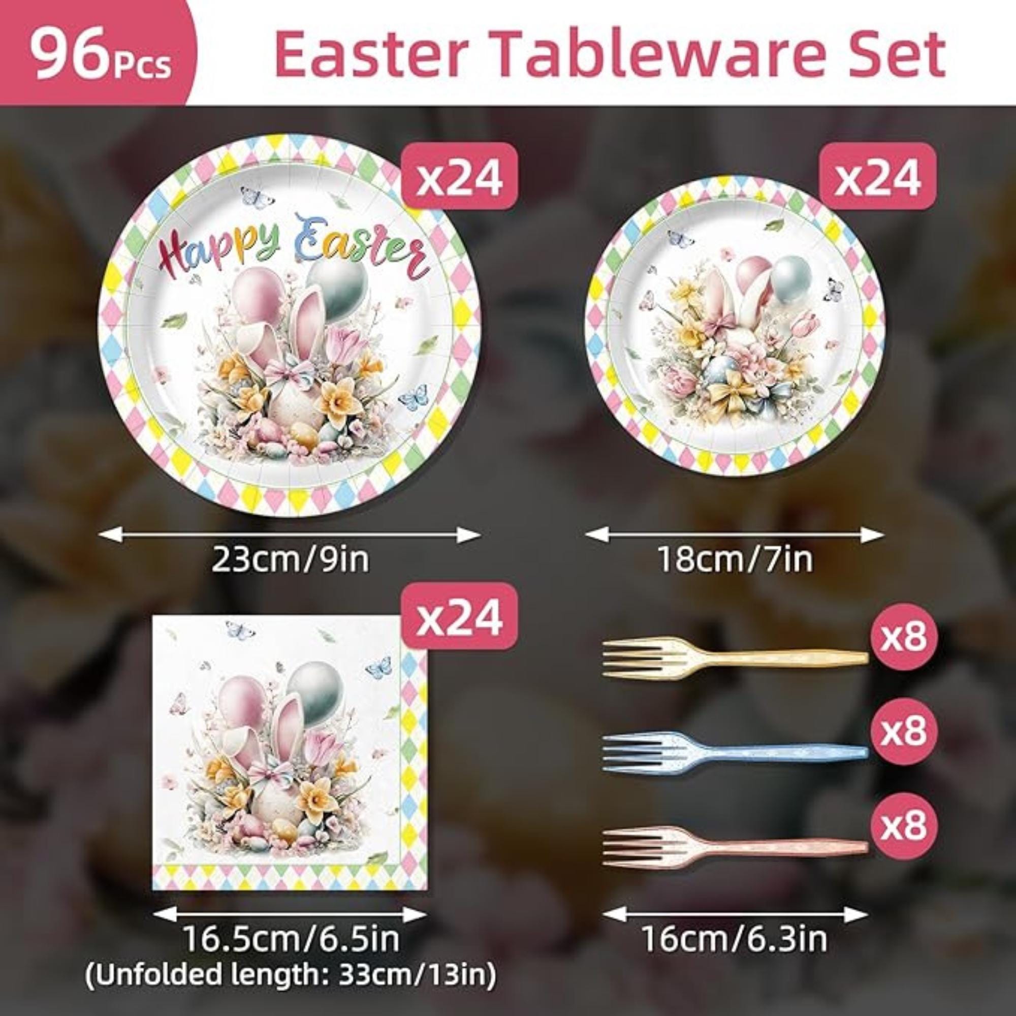 Easter Bunny Plates, Napkins, Forks Set: Spring Party Tableware for 24