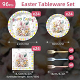 Easter Bunny Plates, Napkins, Forks Set: Spring Party Tableware for 24