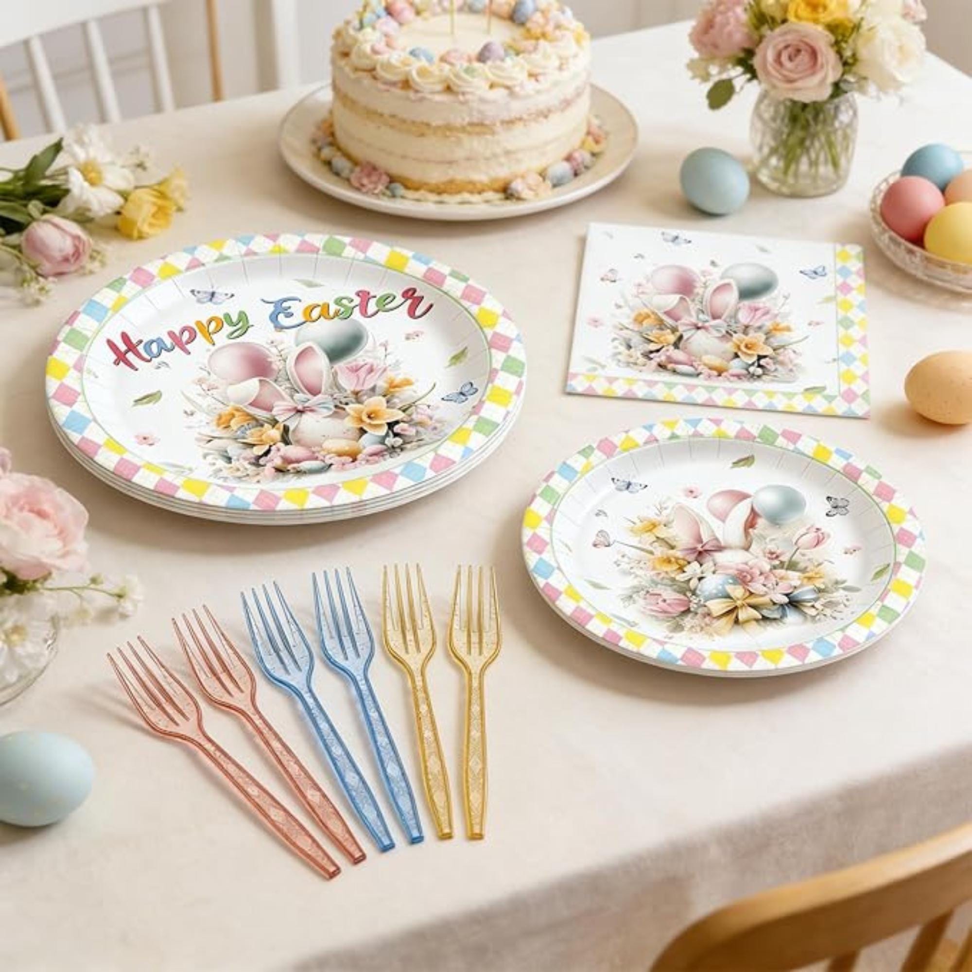 Easter Bunny Plates, Napkins, Forks Set: Spring Party Tableware for 24