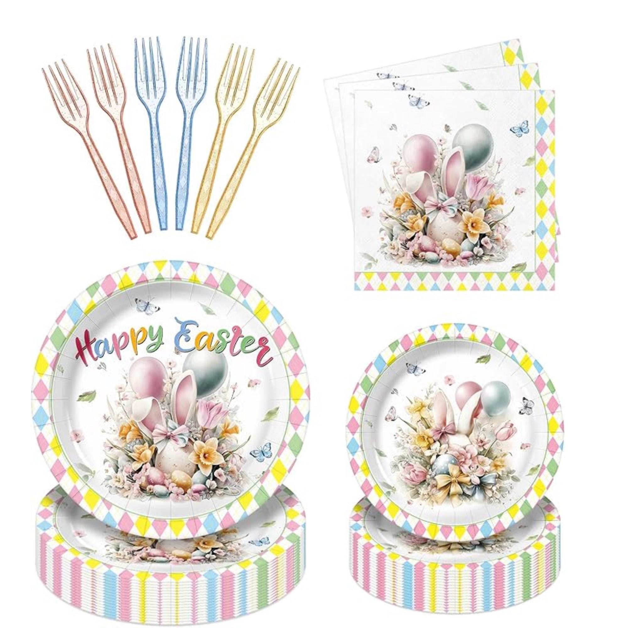 Easter Bunny Plates, Napkins, Forks Set: Spring Party Tableware for 24