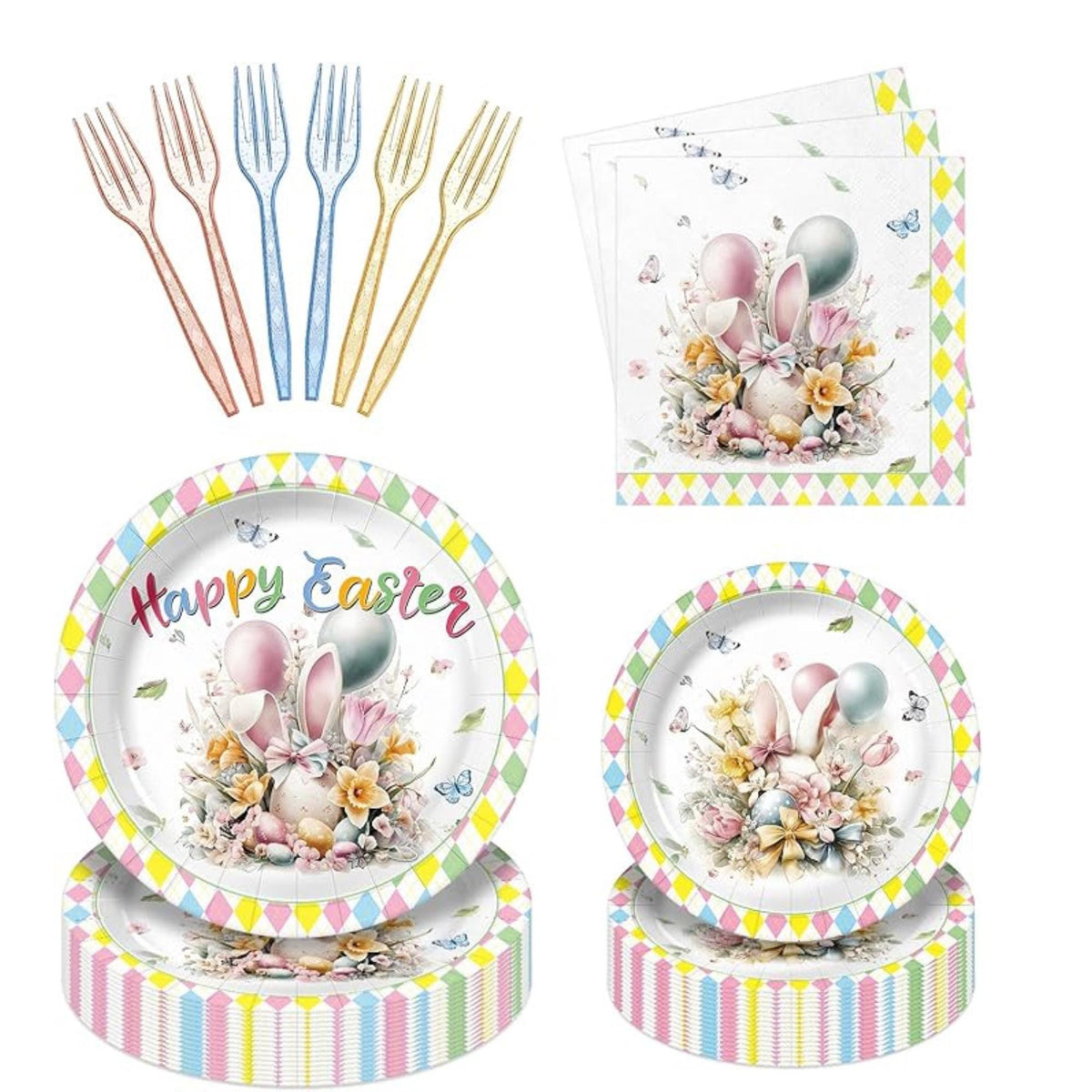 Easter Bunny Plates, Napkins, Forks Set: Spring Party Tableware for 24
