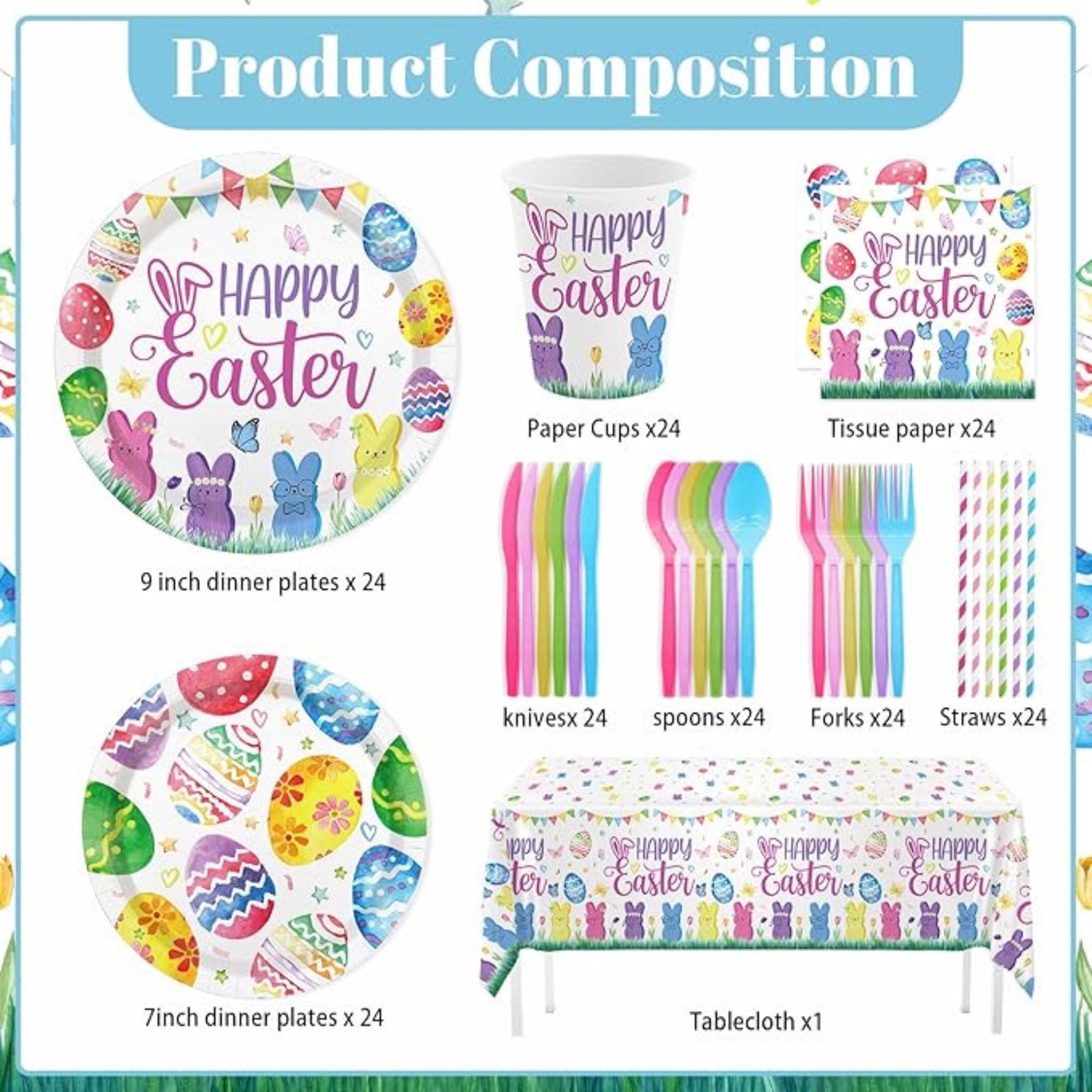 Easter Party Tableware Set: Plates, Napkins, Cups, Cutlery for 24 Guests