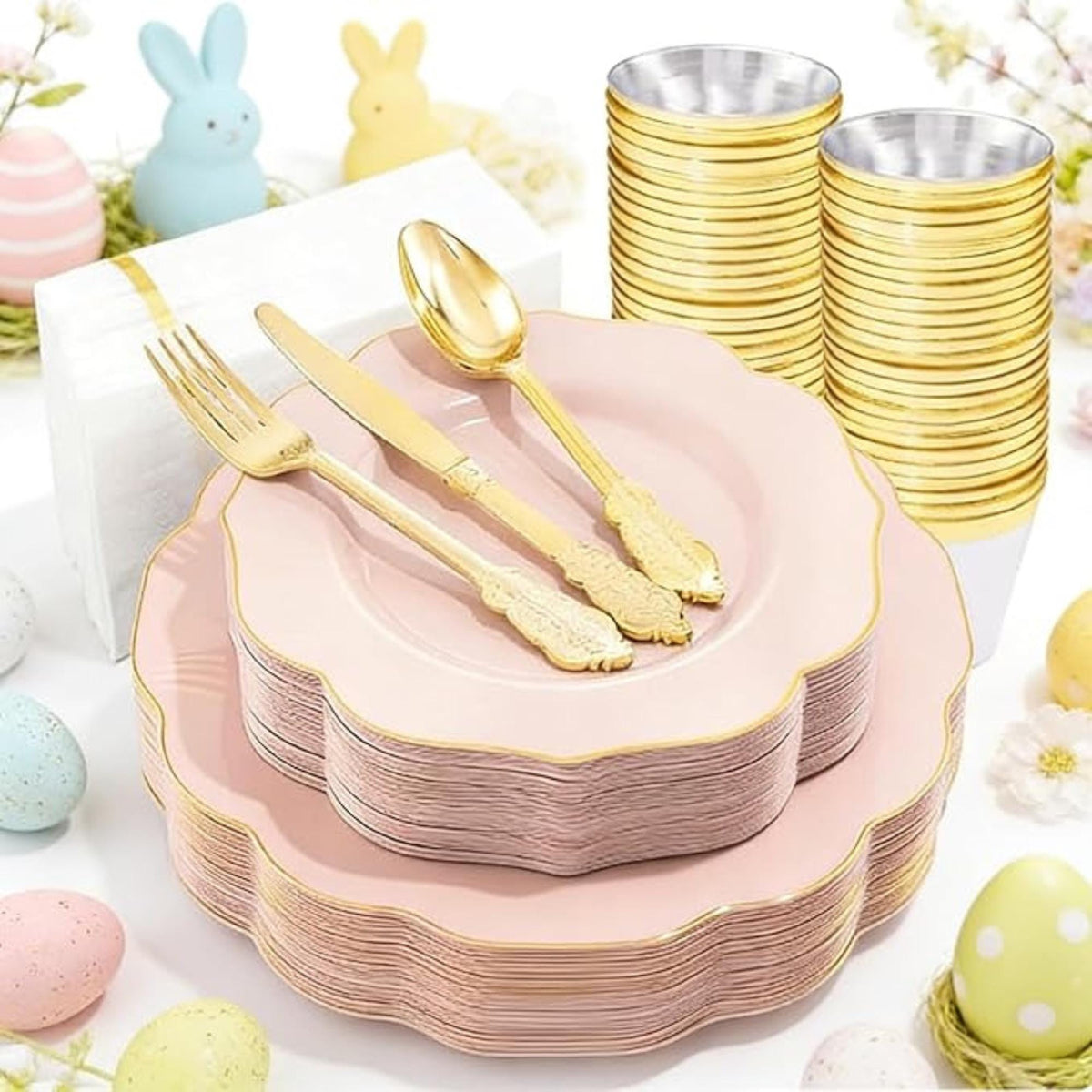 Pink Disposable Party Tableware Set 175 PCS Plates Cups Napkins Gold Cutlery Supplies
