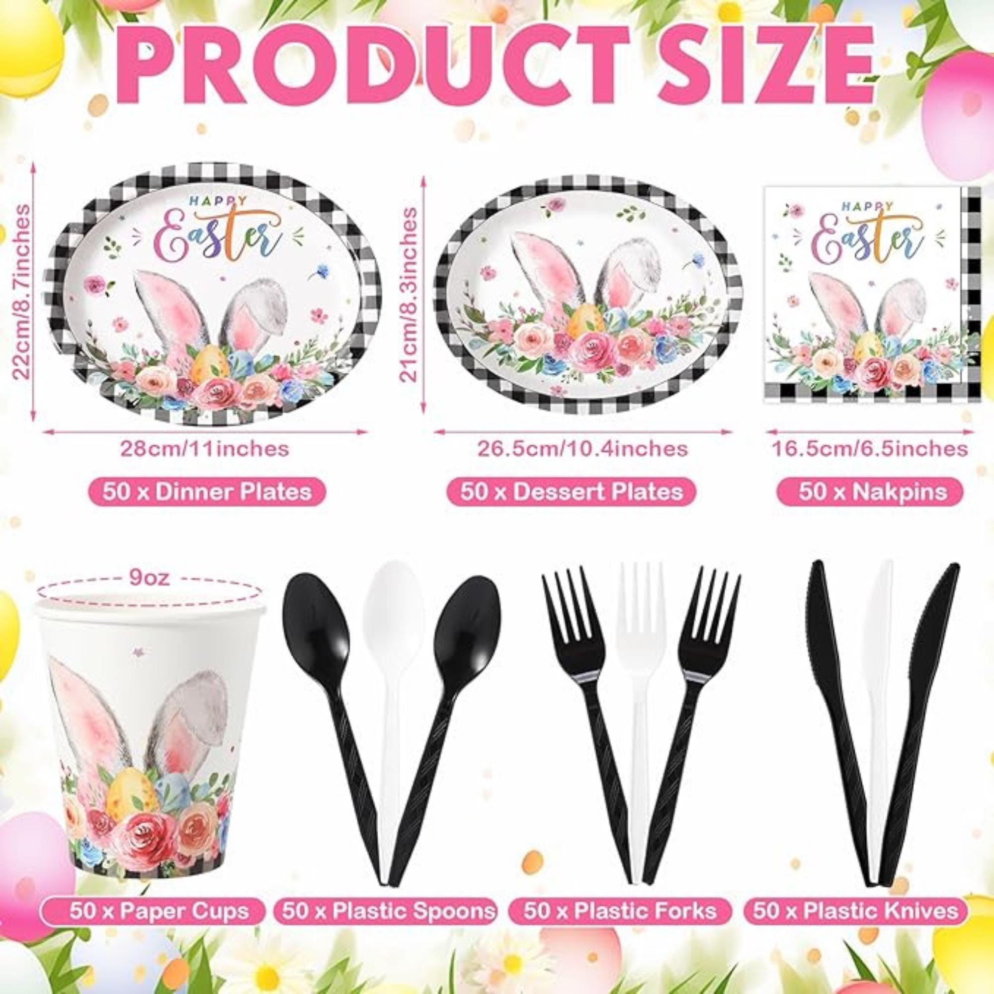 Easter Bunny Party Tableware Set: Buffalo Plaid Plates, Cups, Napkins, Cutlery for 50 Guests