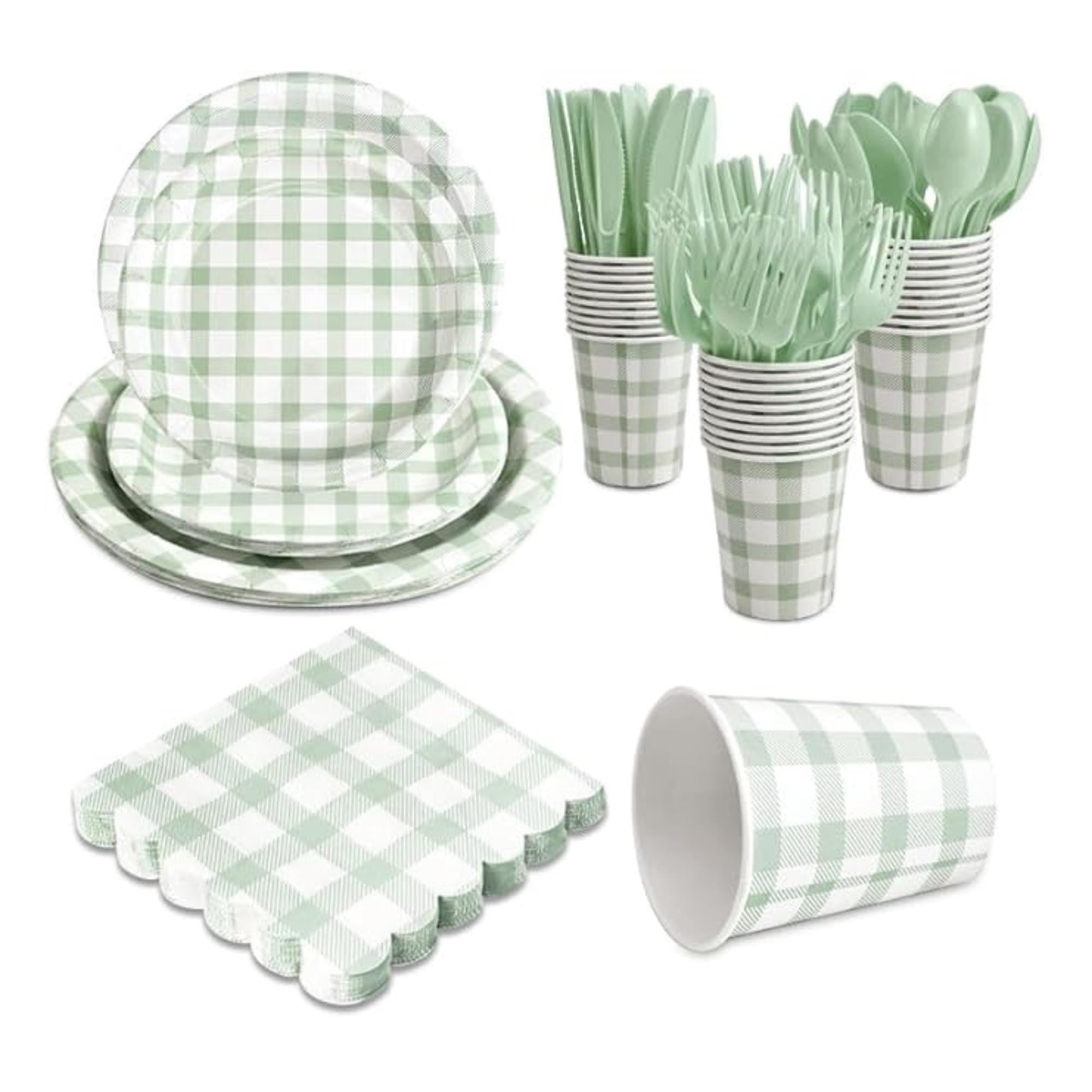 Sage Green Gingham Disposable Party Tableware Set for 24 Guests