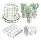 Sage Green Gingham Disposable Party Tableware Set for 24 Guests