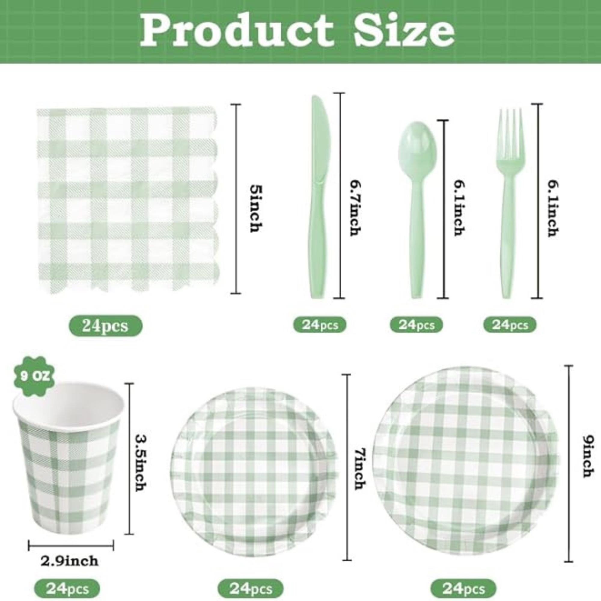 Sage Green Gingham Disposable Party Tableware Set for 24 Guests