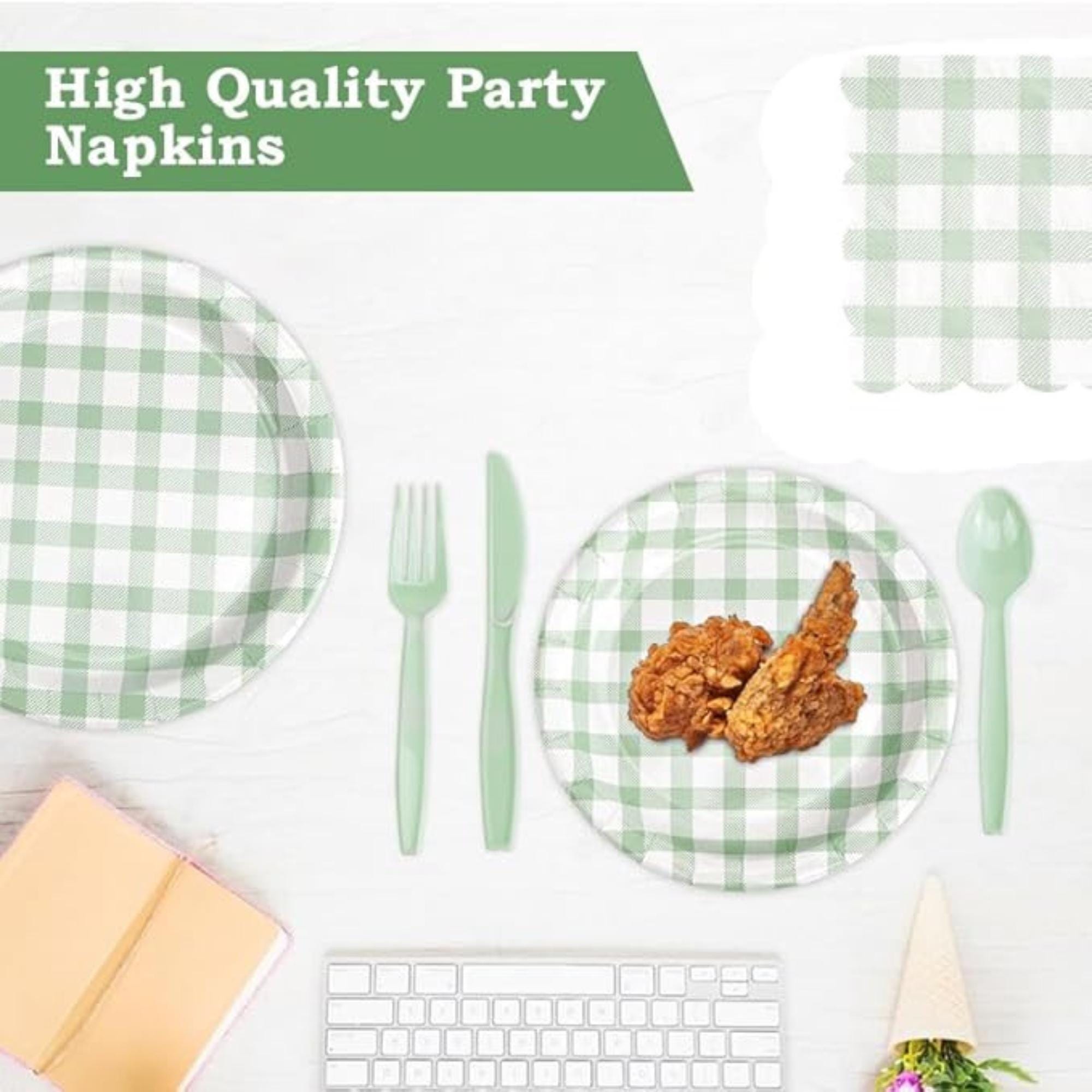 Sage Green Gingham Disposable Party Tableware Set for 24 Guests