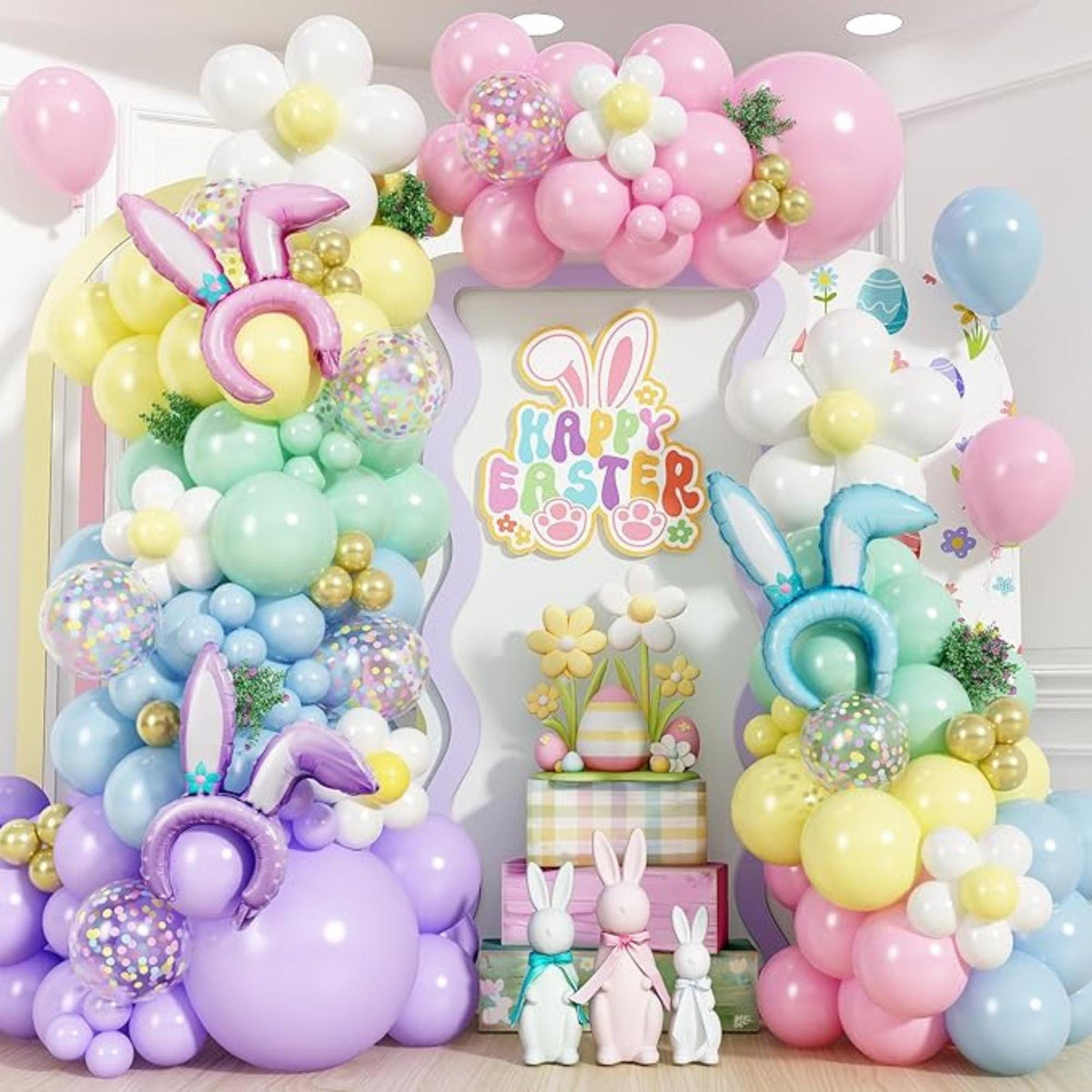 Easter Balloon Arch Kit 155 PCS Pastel Rainbow Bunny Ear Confetti Party Decor