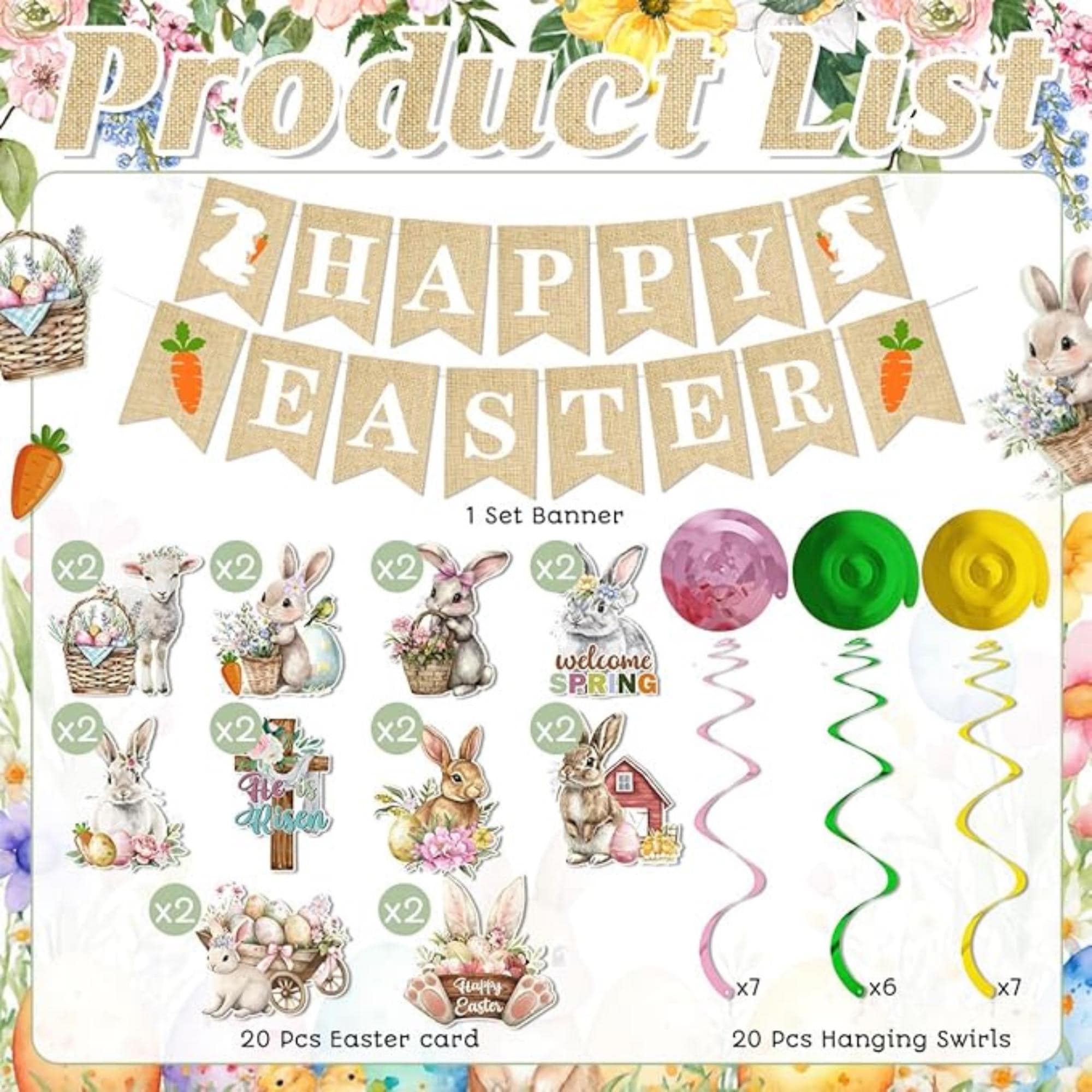 Happy Easter Garland Banner Bunny Egg Hanging Swirl Party Decor Supplies