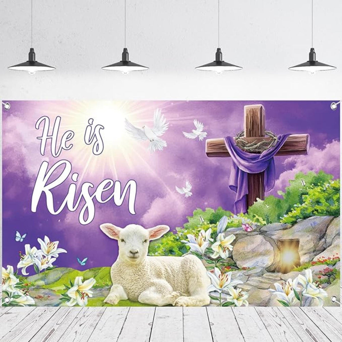 He Is Risen Easter Banner: Cross, Lamb, Sunrise Religious Decor (6 x 3.6 FT)