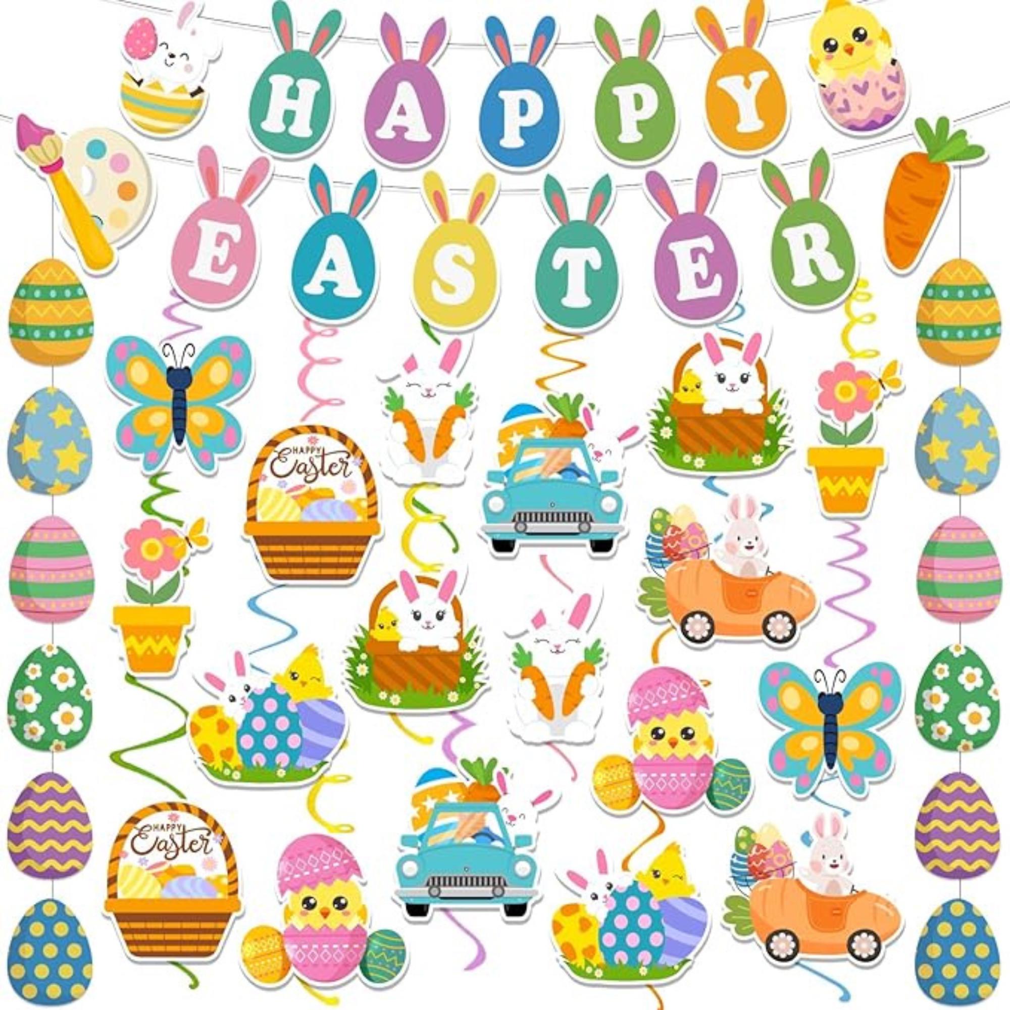 Happy Easter Banner Garland Party Decor Set: Bunnies, Eggs, Swirls