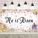 He Is Risen Easter Backdrop Banner, Spring Floral Cross Bunny Party Decor