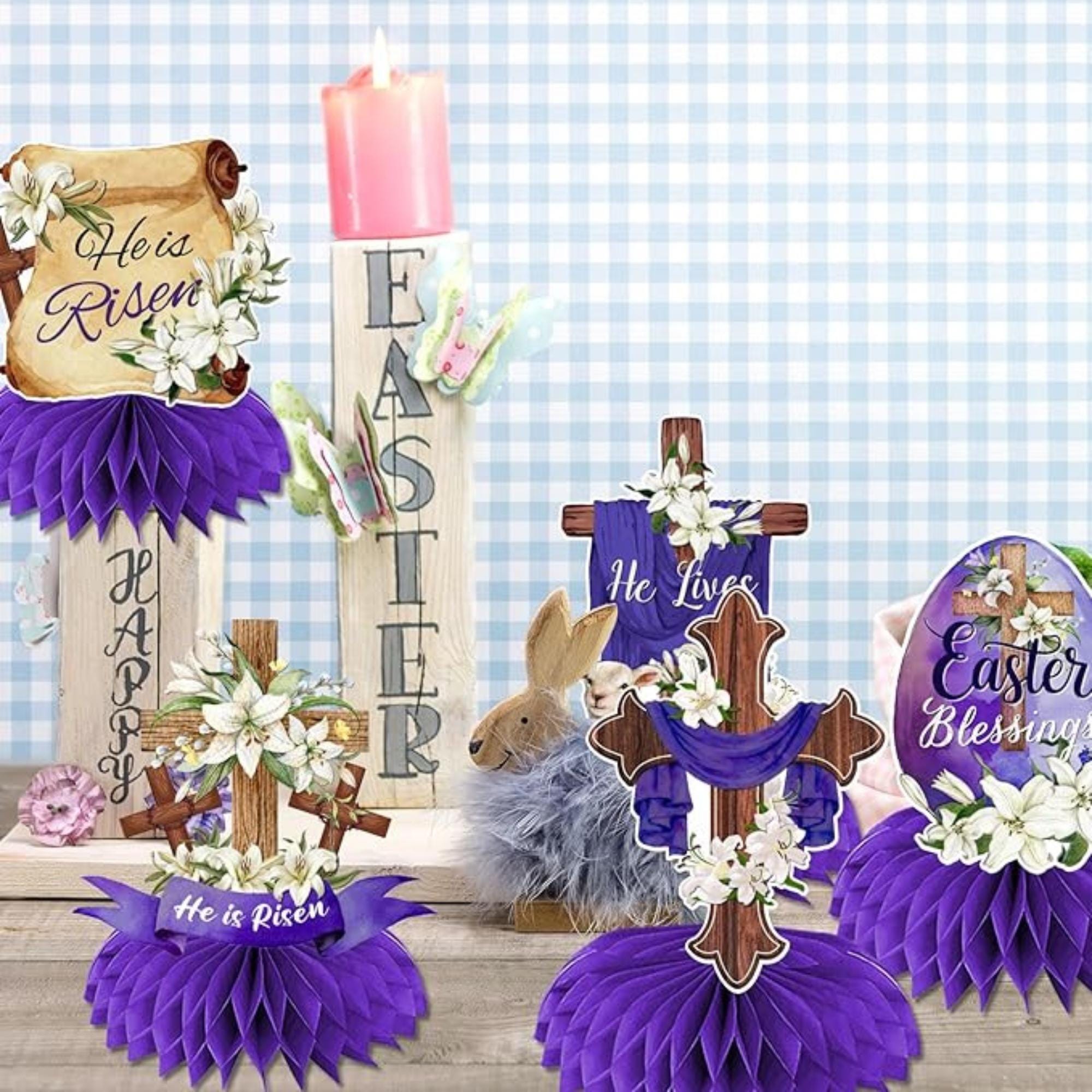 He Is Risen Honeycomb Centerpieces Set of 12 Religious Easter Cross Table Decor Supplies