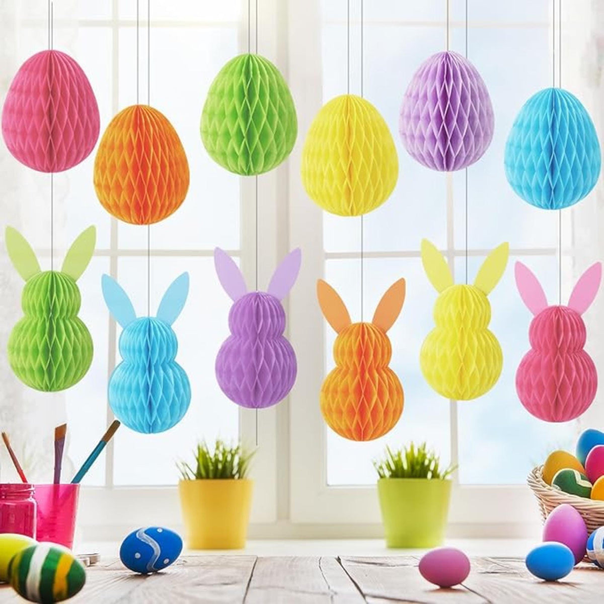 Easter Honeycomb Hanging Decorations Set of 12 Bunny Egg 3D Paper Party Decor Supplies