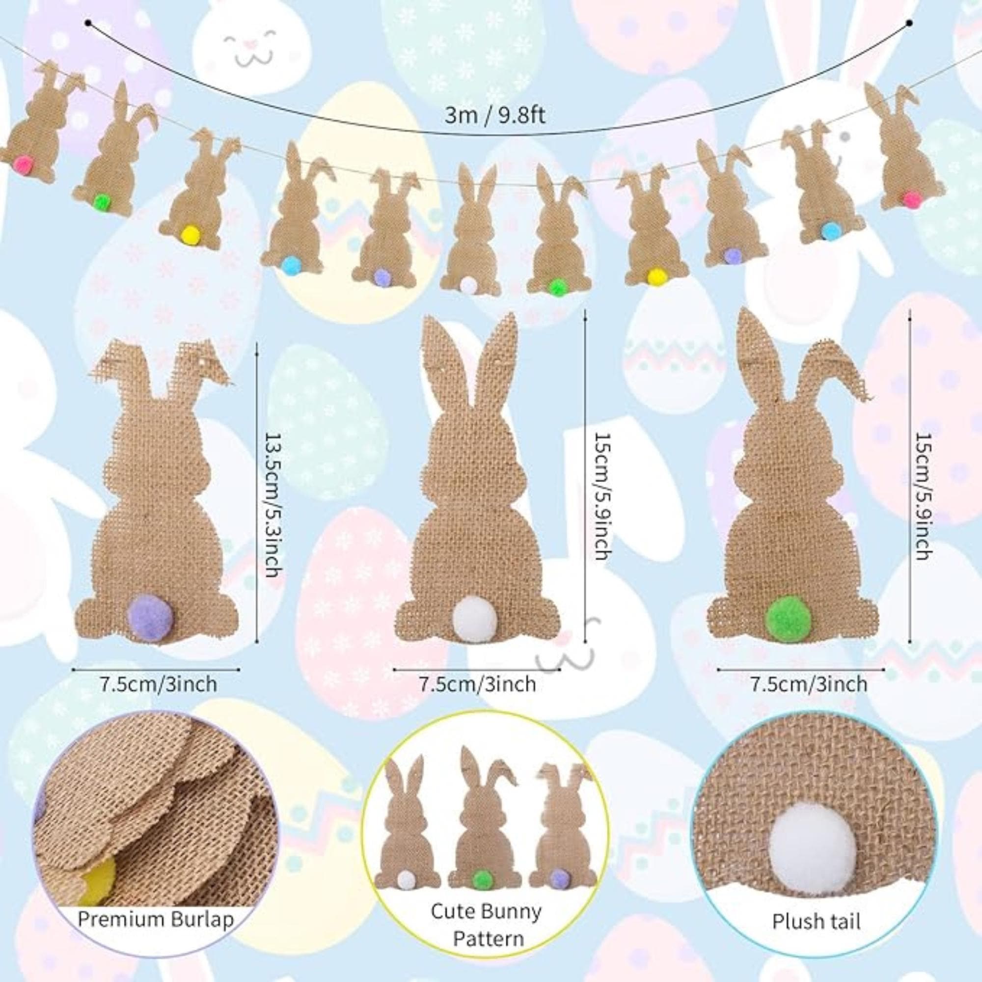 Easter Bunny Burlap Banner with Colorful Tails – Festive Party Garland