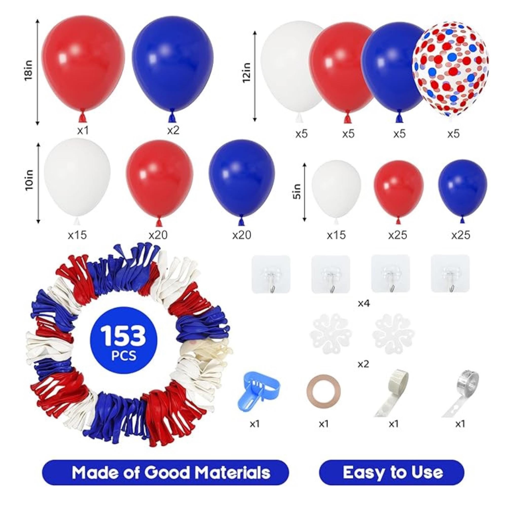 Red White Blue Balloon Garland Arch Kit Mixed Sizes Party Decor