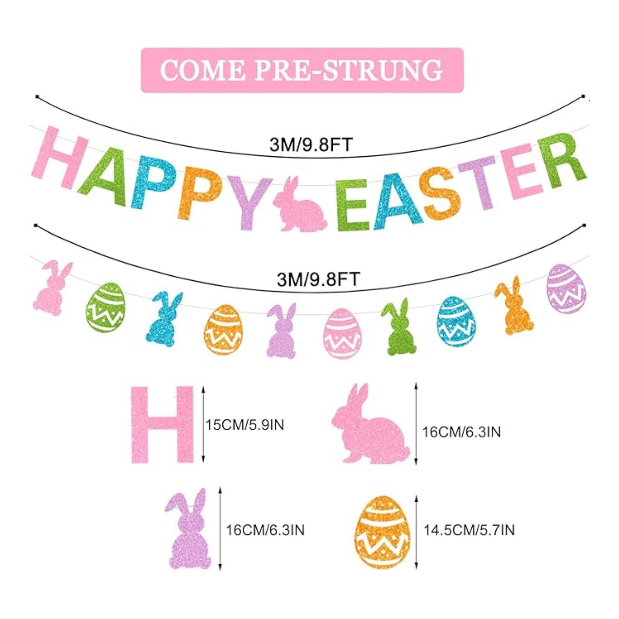 Glitter Happy Easter Banner with Bunny Egg Garland Colorful Party Decor Supplies