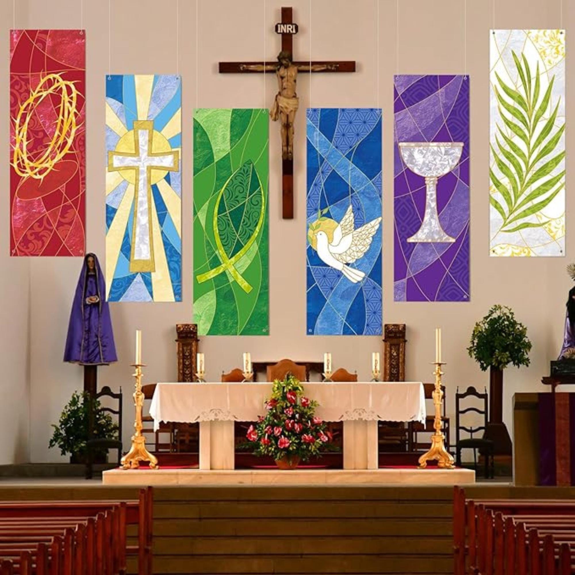 Set of 6 Easter Christian Banners: Scripture, Symbols, Sanctuary Decor