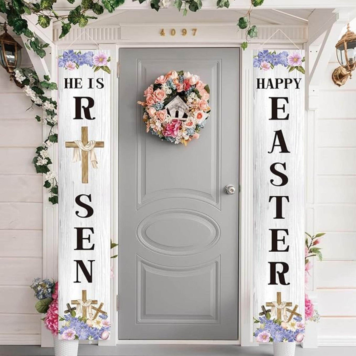 Happy Easter He Is Risen Porch Banner, Religious Resurrection Scene Decor