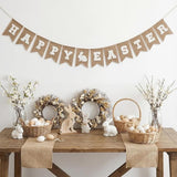 Happy Easter Burlap Banner with Bunny Embroidery – Rustic Farmhouse Garland