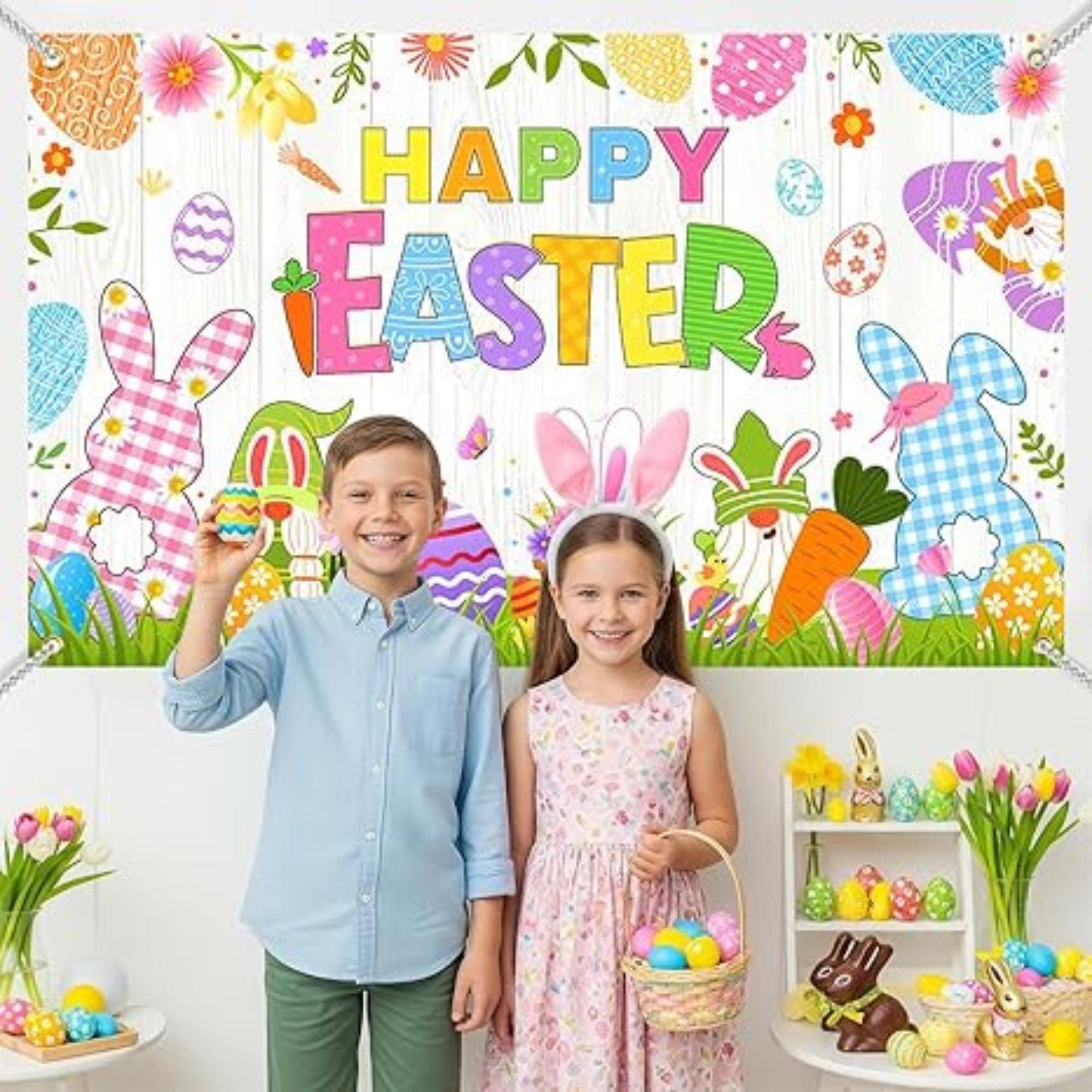 Happy Easter Backdrop Banner: Rustic Bunny Wooden Photo Booth Party Decor