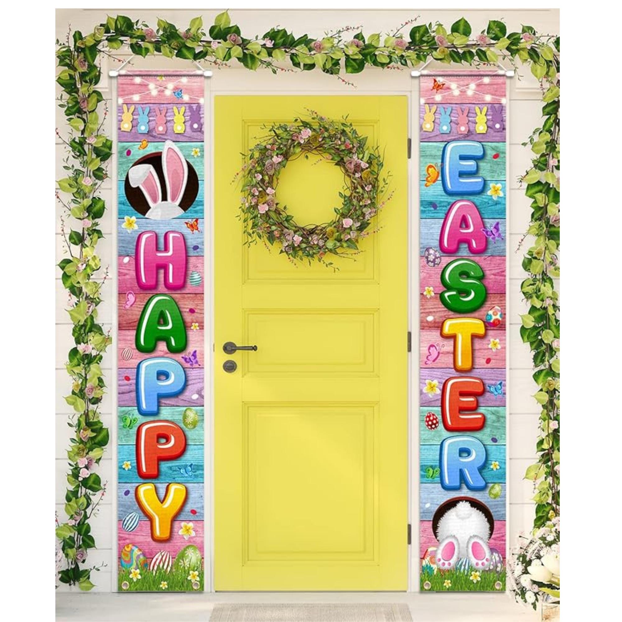 Happy Easter Porch Sign Bunny Welcome Banner Spring Door Hanging Party Decor Supplies