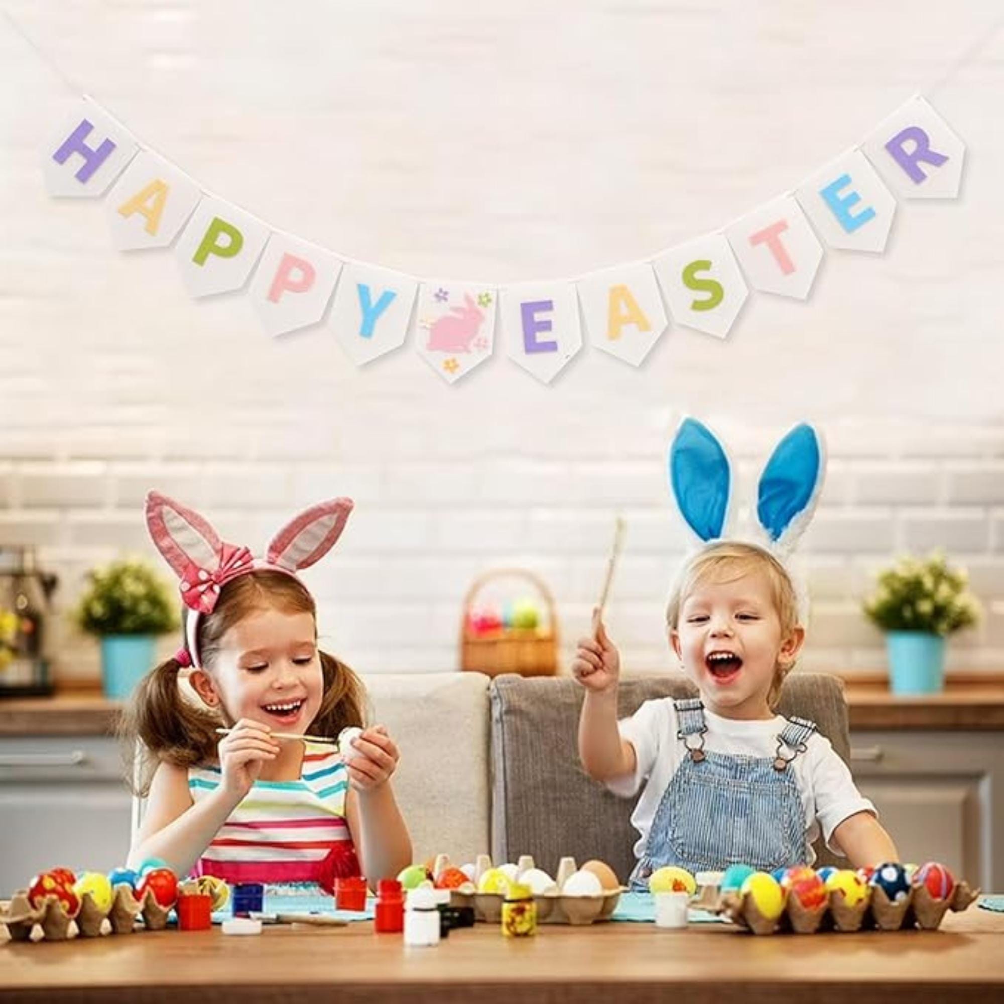 Felt Happy Easter Banner Pastel Bunny Bunting Garland Mantel Wall Party Decor Supplies